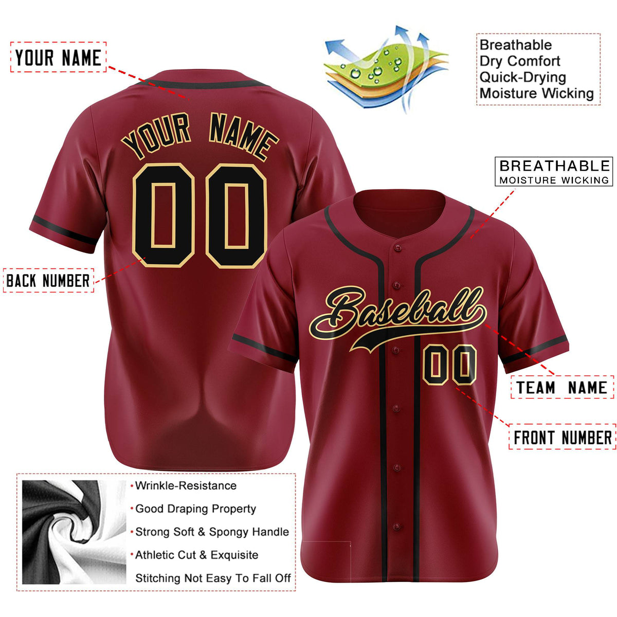Custom Crimson Black Classic Style Authentic Baseball Jersey
