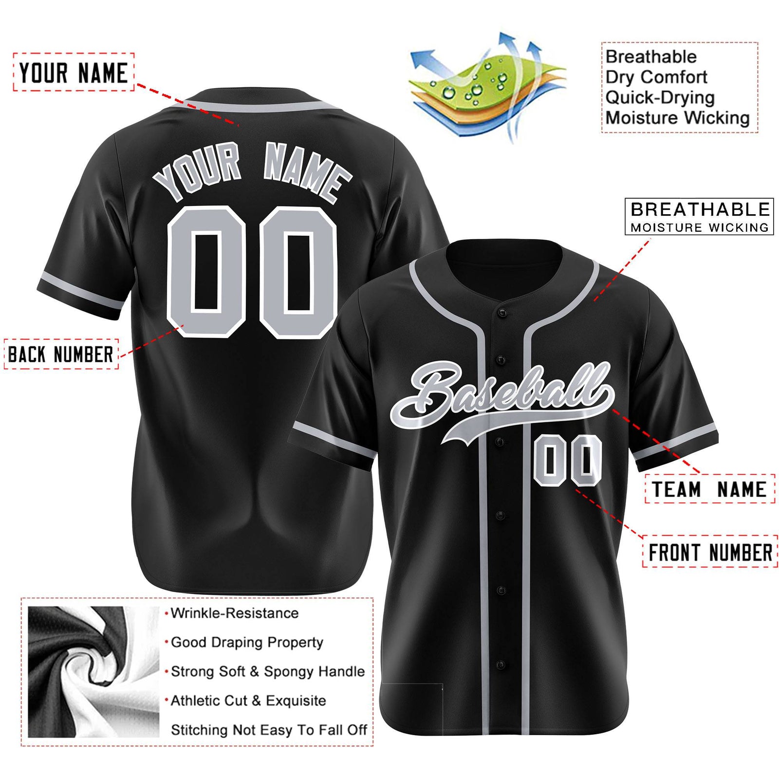 Custom Black Gray Classic Style Authentic Baseball Jersey