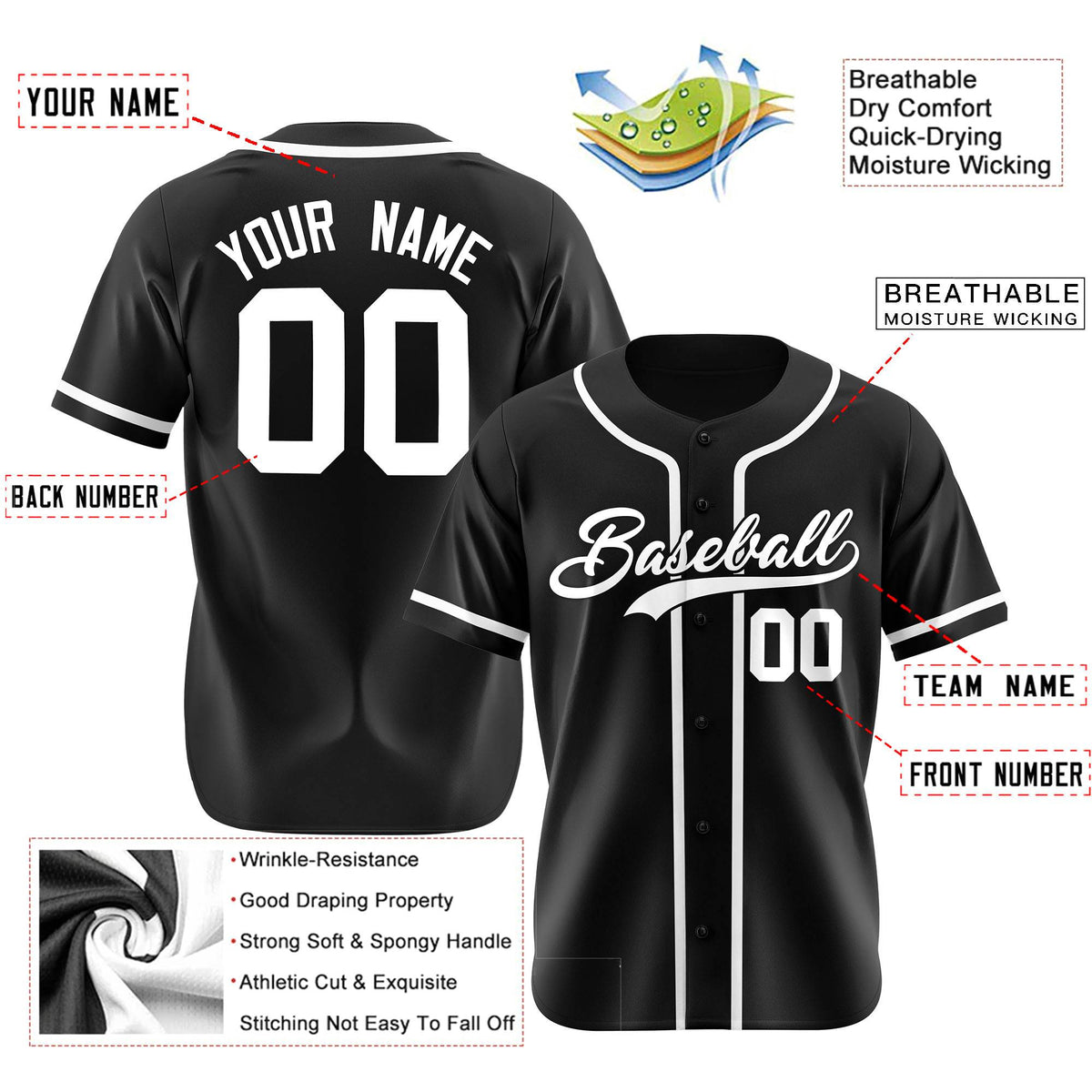 Custom Black White Classic Style Authentic Baseball Jersey
