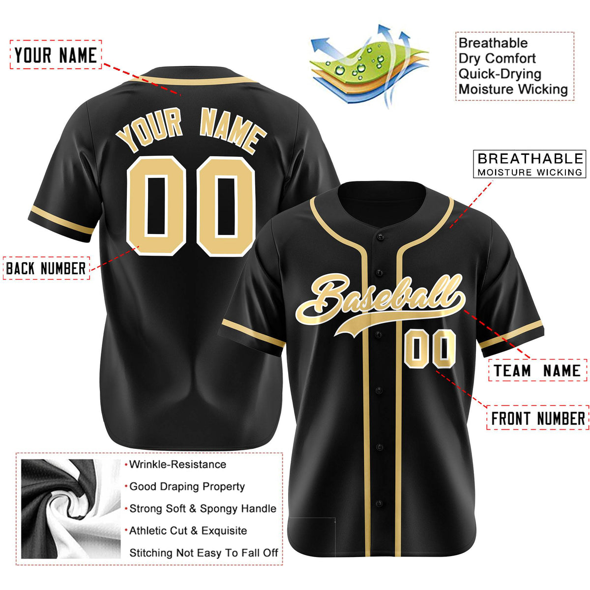 Custom Black Khaki Classic Style Authentic Baseball Jersey