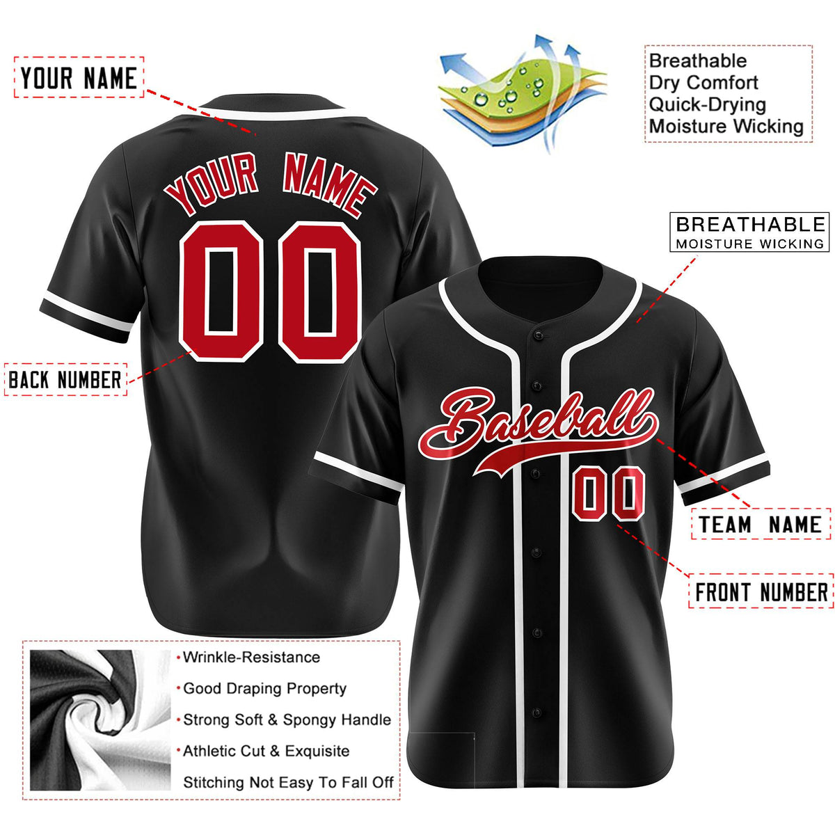 Custom Black Red-White Classic Style Authentic Baseball Jersey