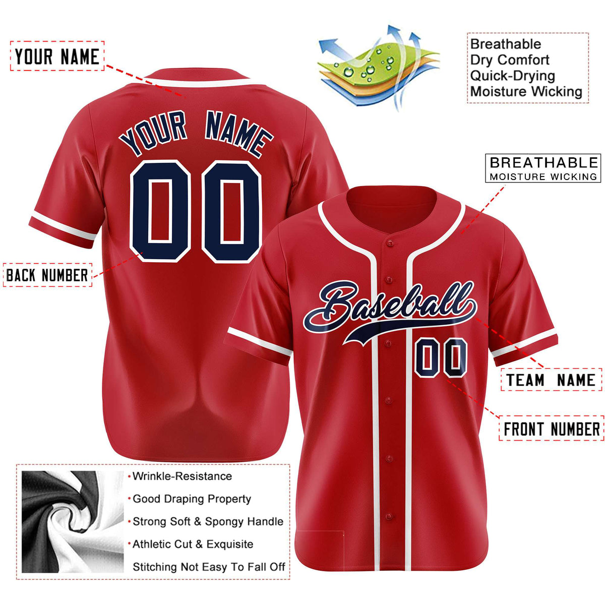 Custom Red Navy-White Classic Style Authentic Baseball Jersey