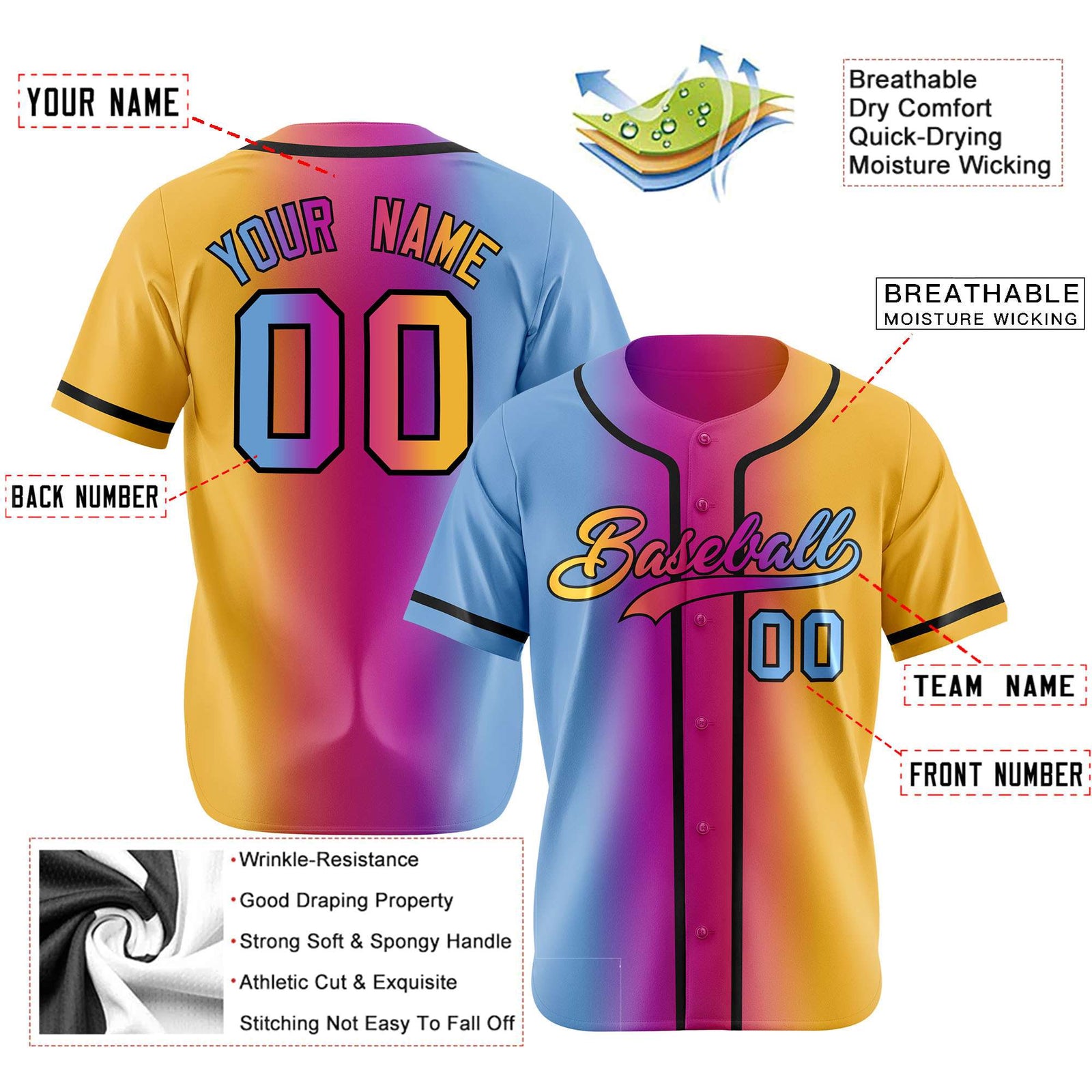 Custom Light Blue Pink-Yellow Gradient Style Authentic Baseball Jersey