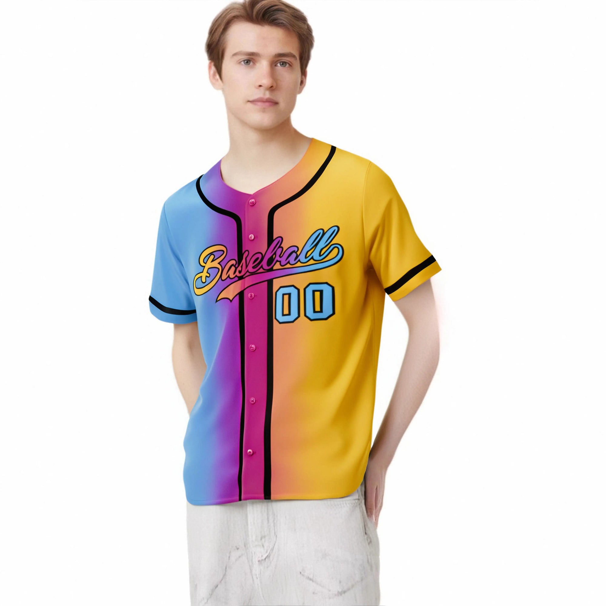 Custom Light Blue Pink-Yellow Gradient Style Authentic Baseball Jersey