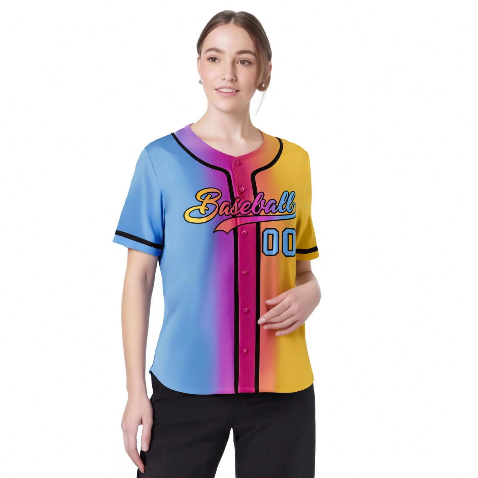Custom Light Blue Pink-Yellow Gradient Style Authentic Baseball Jersey
