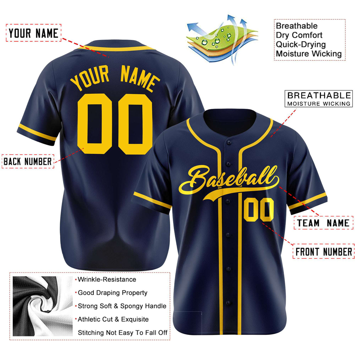 Custom Navy Gold Classic Style Authentic Baseball Jersey