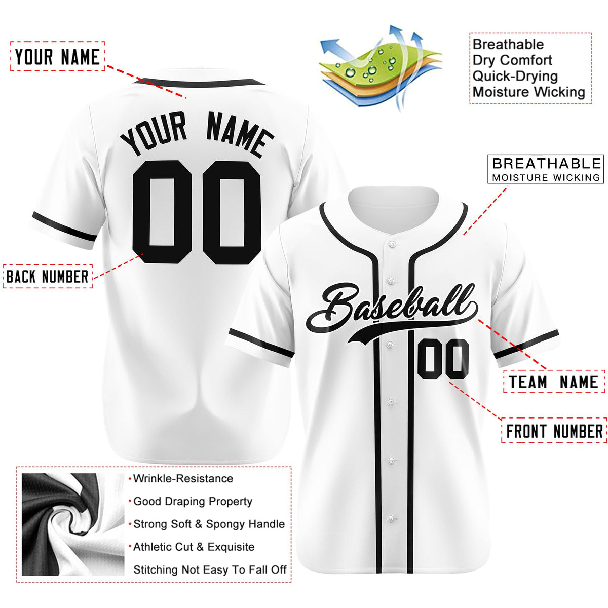 Custom White Black Classic Style Authentic Baseball Jersey
