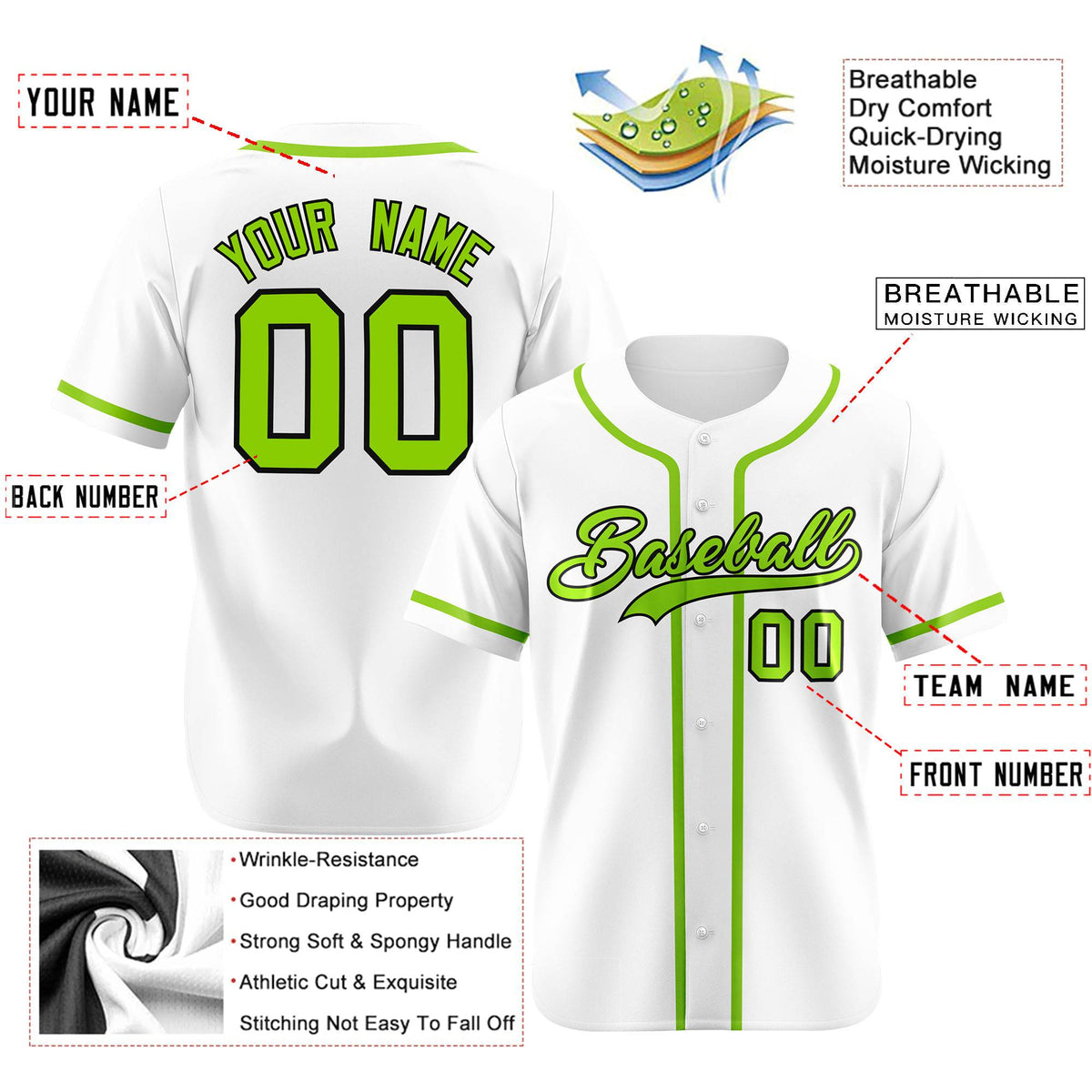 Custom White Neon Green Classic Style Authentic Baseball Jersey