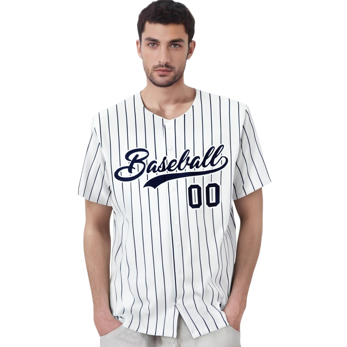 Custom White Navy Pinstripe Authentic Baseball Jersey
