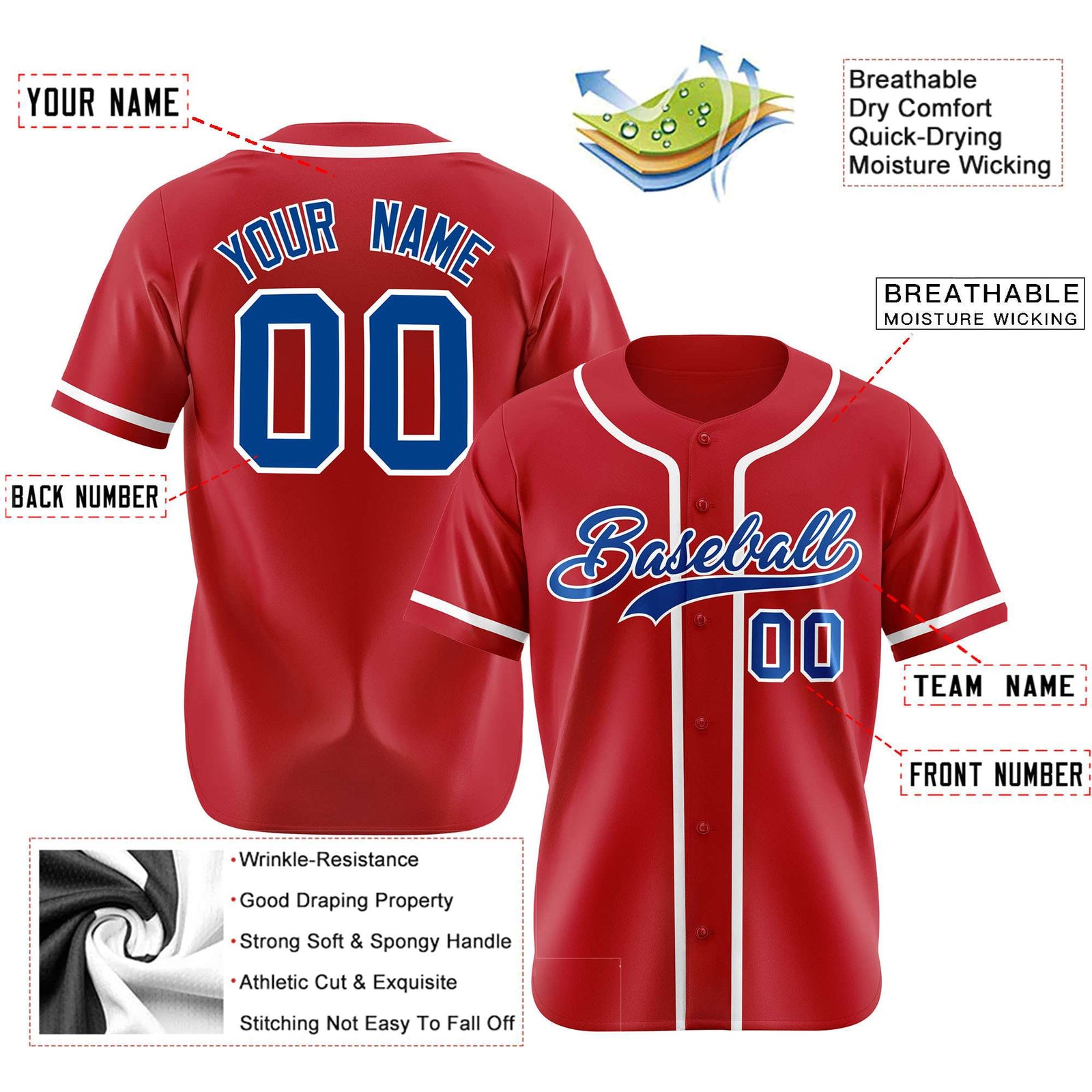 Custom Red Royal Blue-White Classic Style Authentic Baseball Jersey