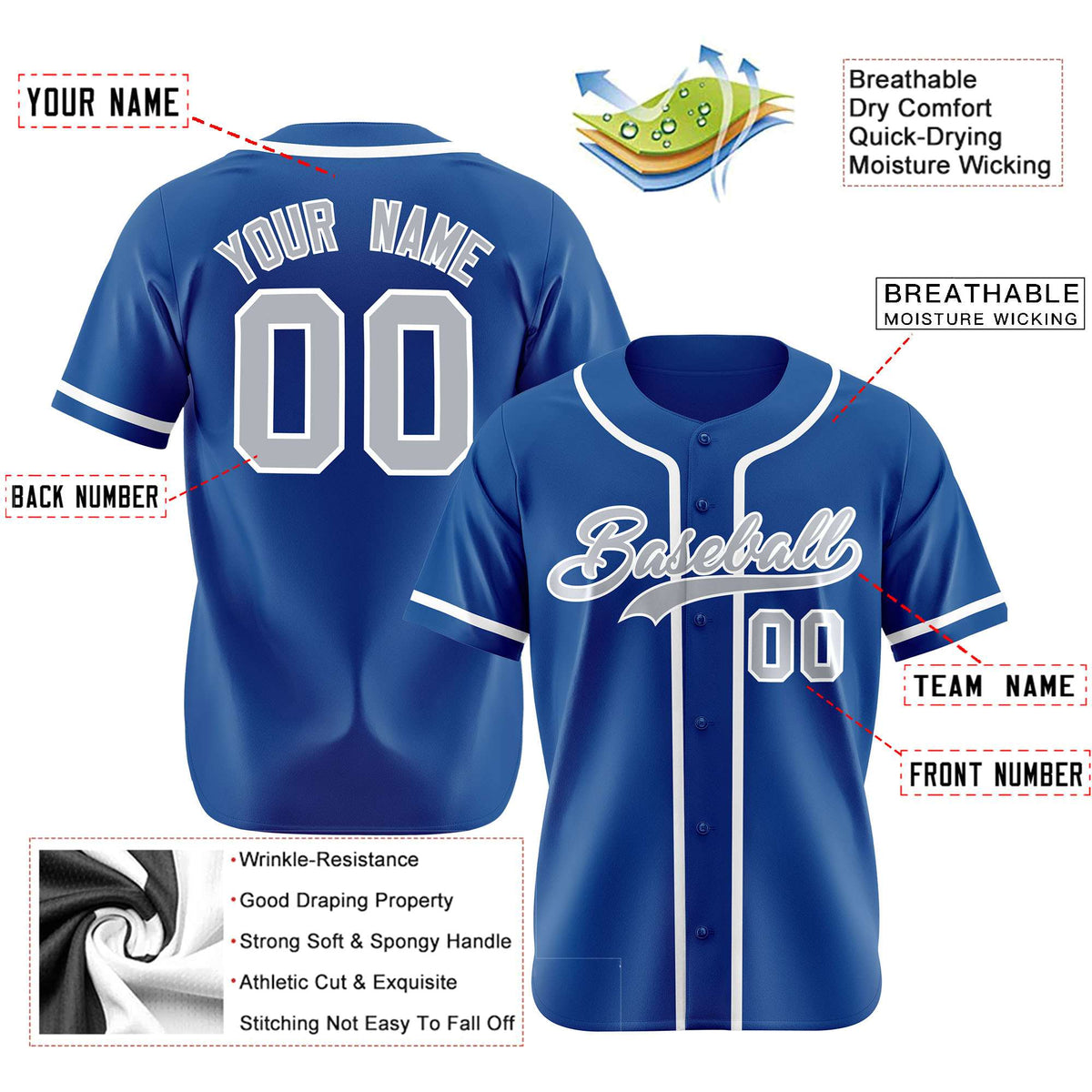 Custom Blue Gray-White Classic Style Authentic Baseball Jersey
