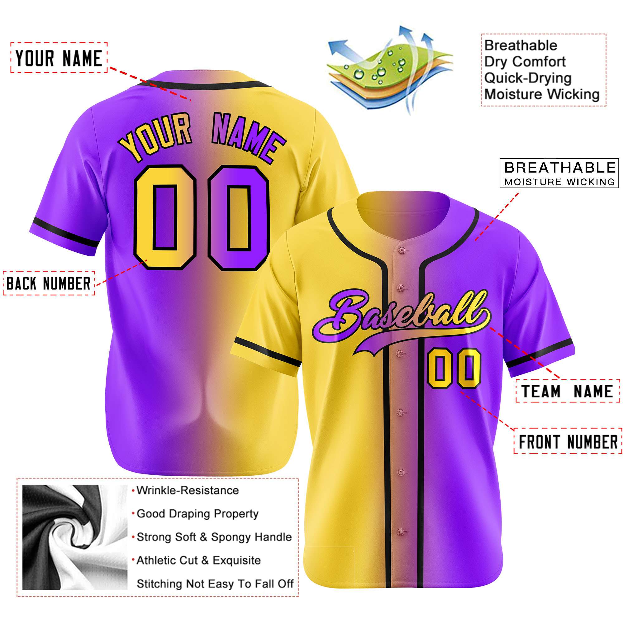 Custom Yellow Purple Gradient Style Authentic Baseball Jersey