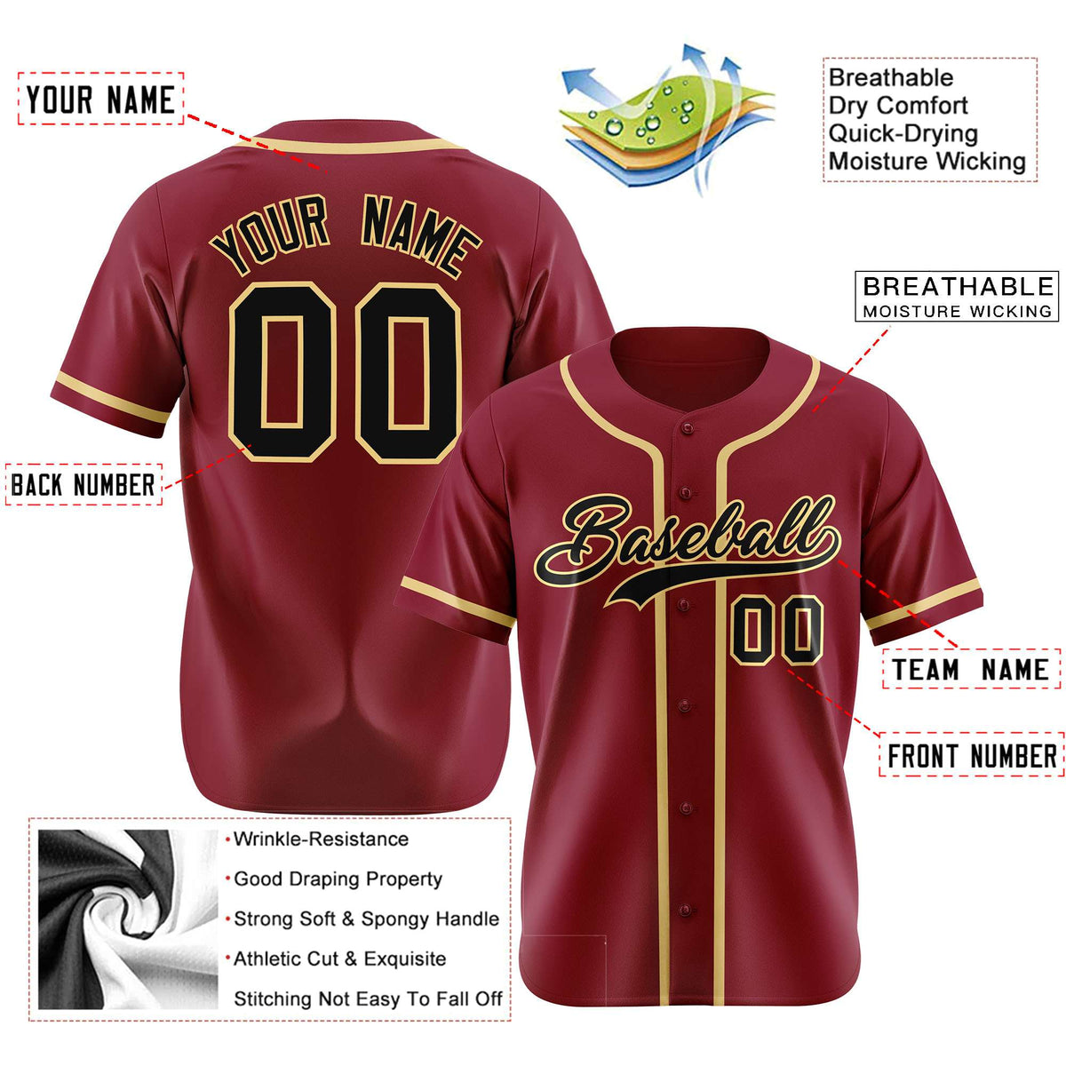 Custom Crimson khaki-Black Classic Style Authentic Baseball Jersey