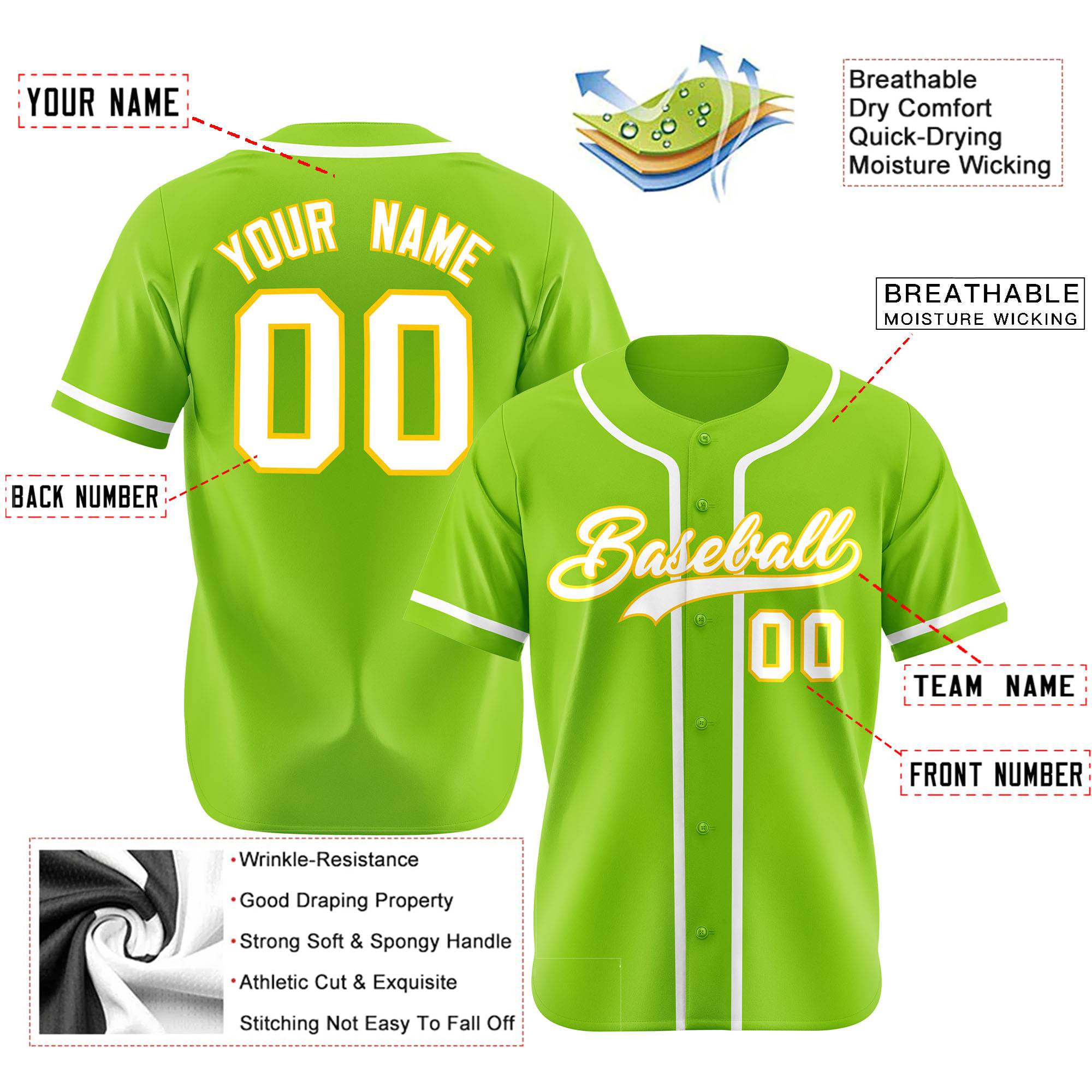 Custom Neon Green White Classic Style Authentic Baseball Jersey