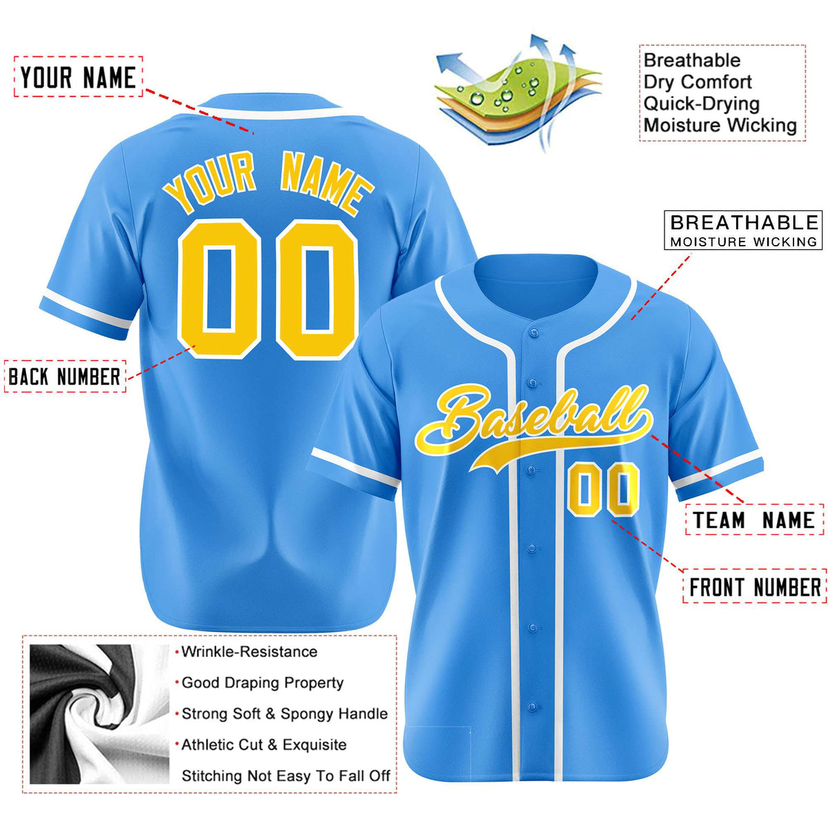 Custom Powder Blue White Classic Style Authentic Baseball Jersey