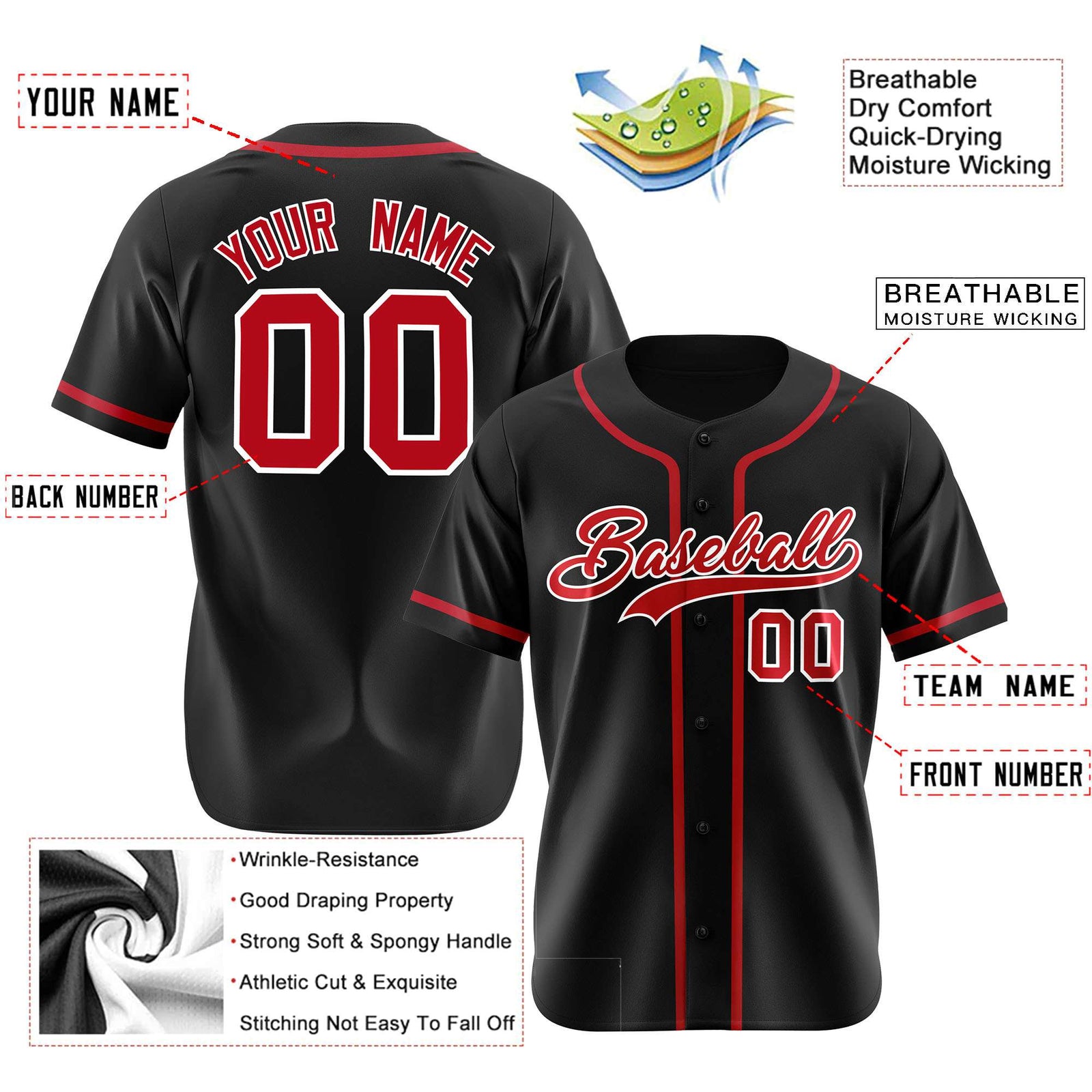 Custom Black Red Classic Style Authentic Baseball Jersey
