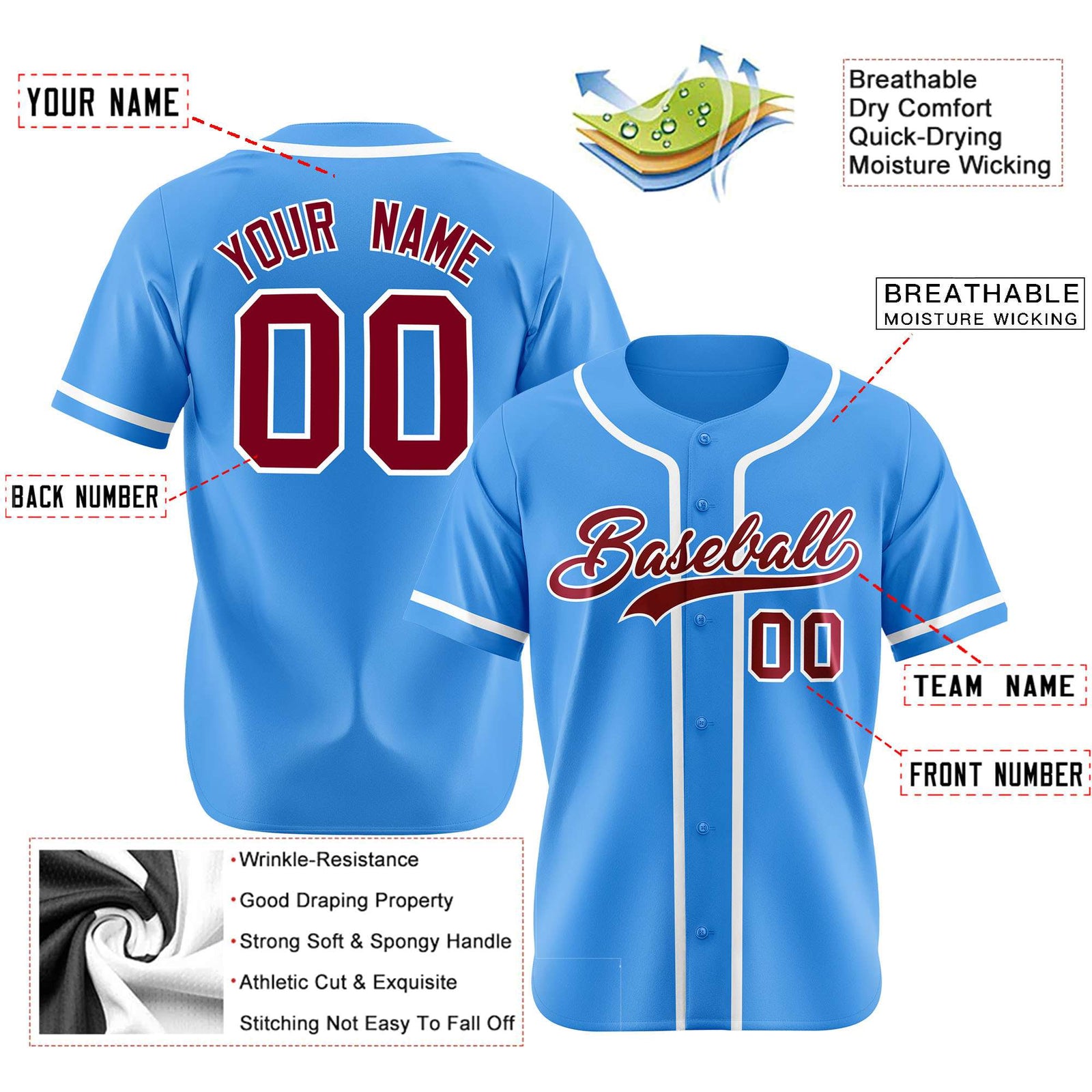 Custom Powder Blue White Classic Style Authentic Baseball Jersey