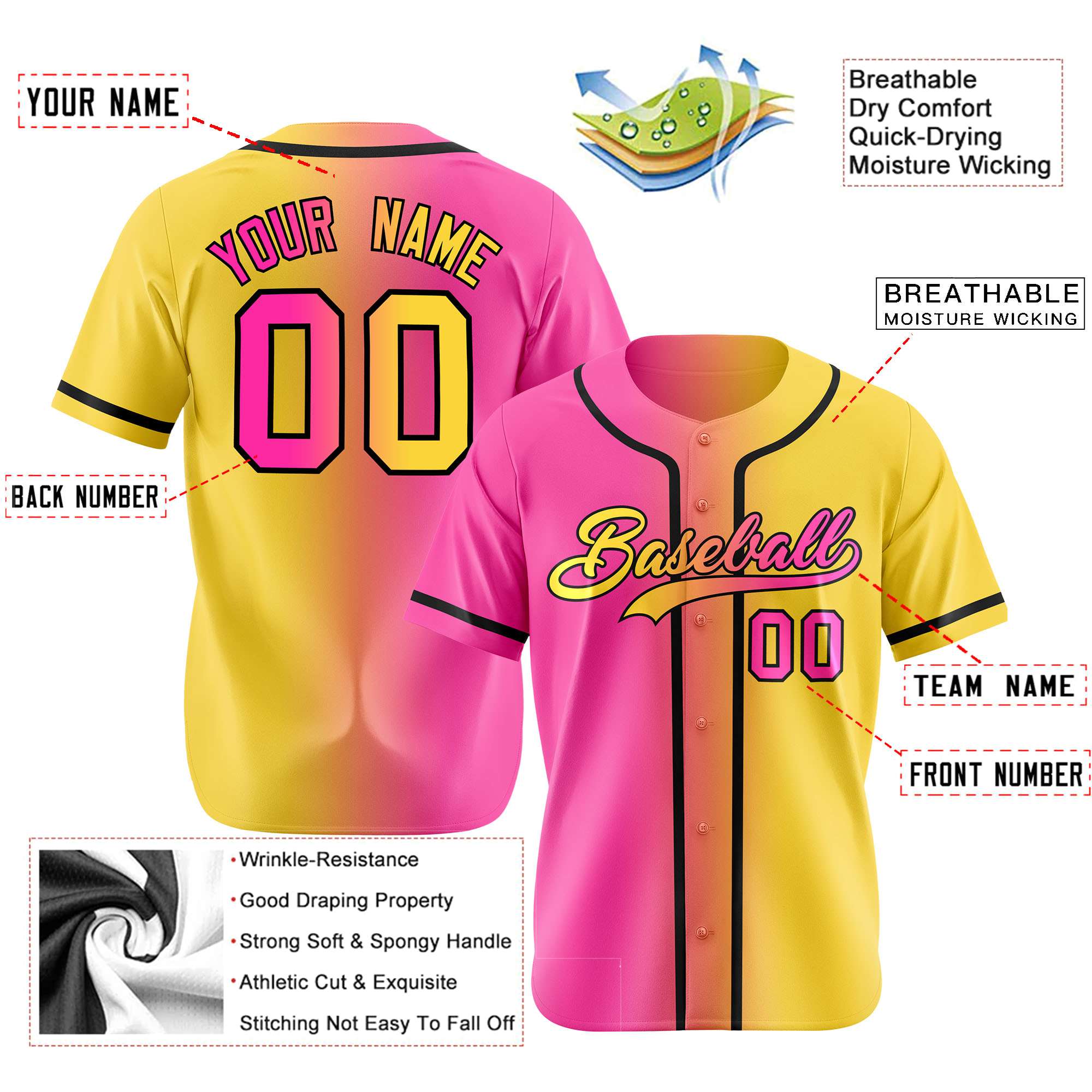 Custom Pink Yellow Gradient Authentic Baseball Jersey