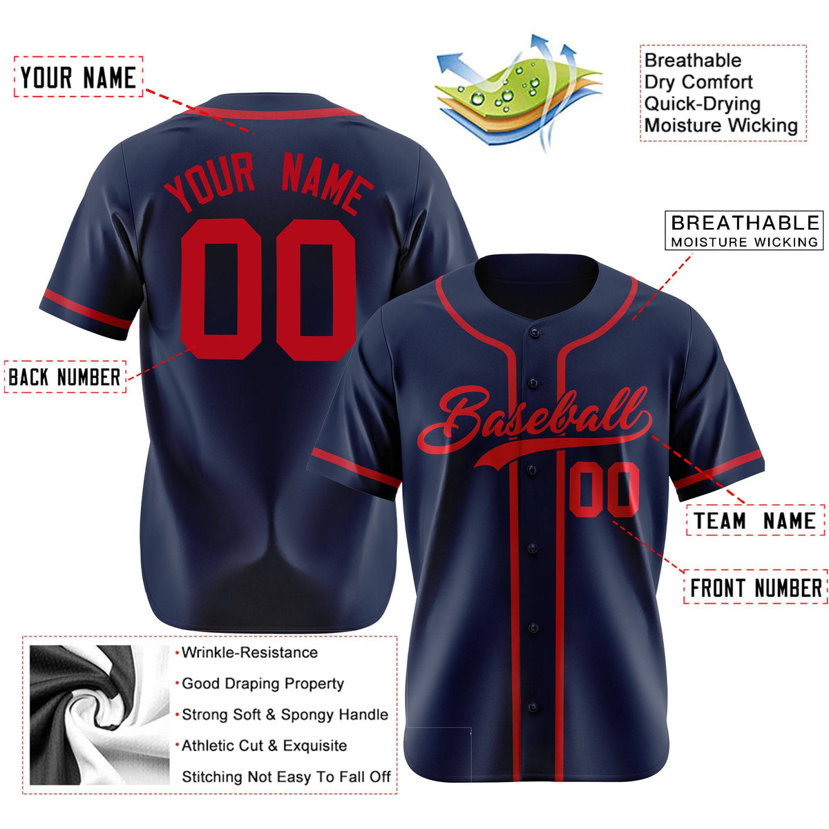 Custom Navy Red Classic Style Authentic Baseball Jersey