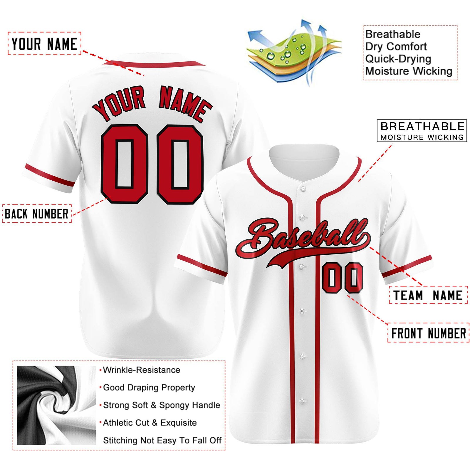 Custom White Red Classic Style Authentic Baseball Jersey