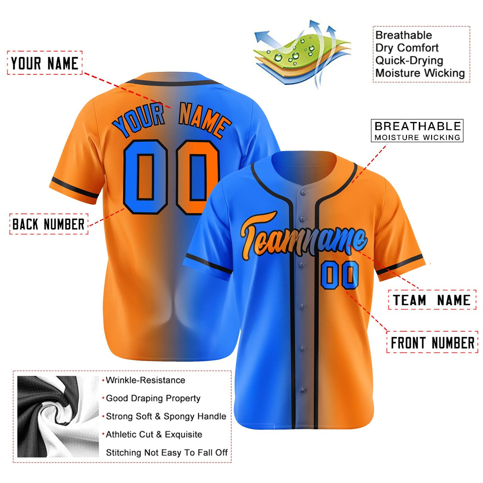 Custom Orange Blue Gradient Style Authentic Baseball Jersey