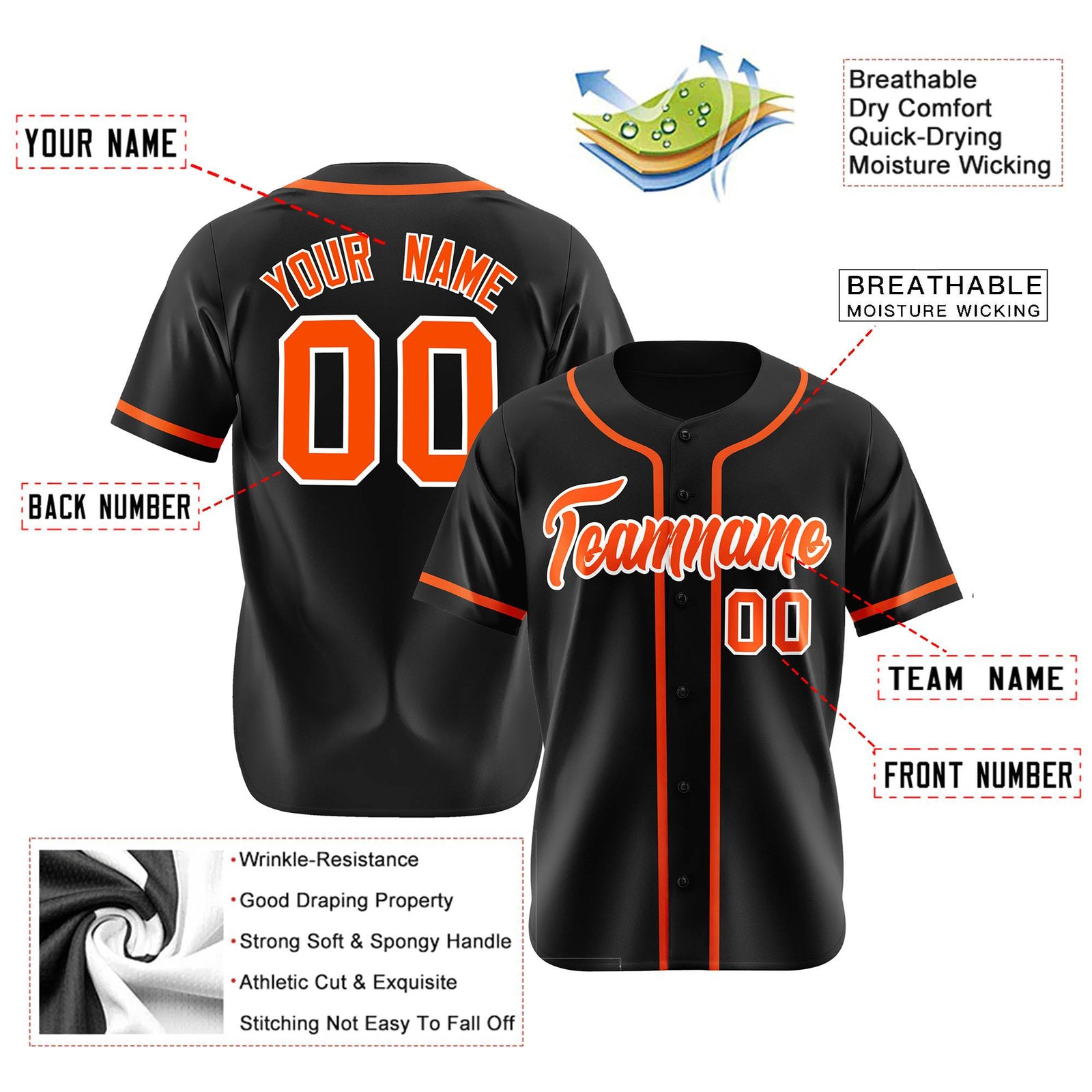 Custom Black Orange Classic Style Authentic Baseball Jersey
