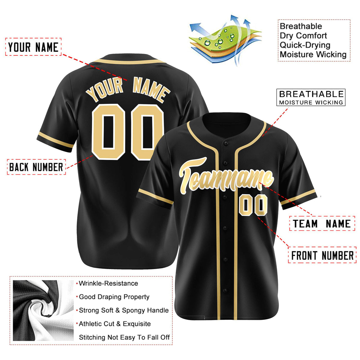 Custom Black Khaki Classic Style Authentic Baseball Jersey