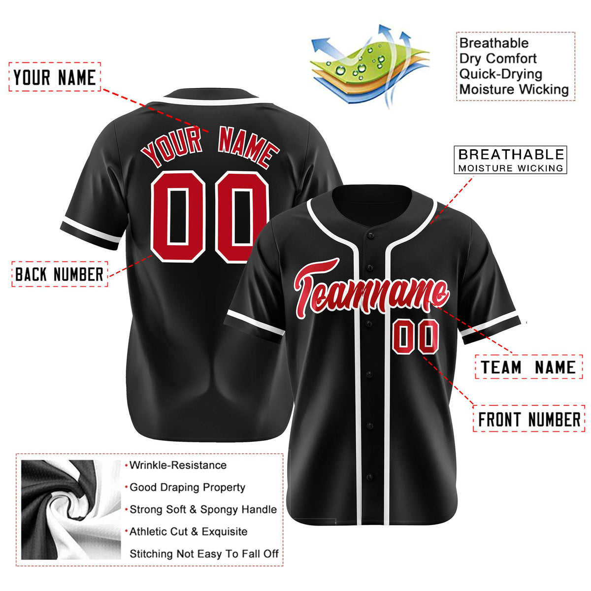 Custom Black Red-White Classic Style Authentic Baseball Jersey