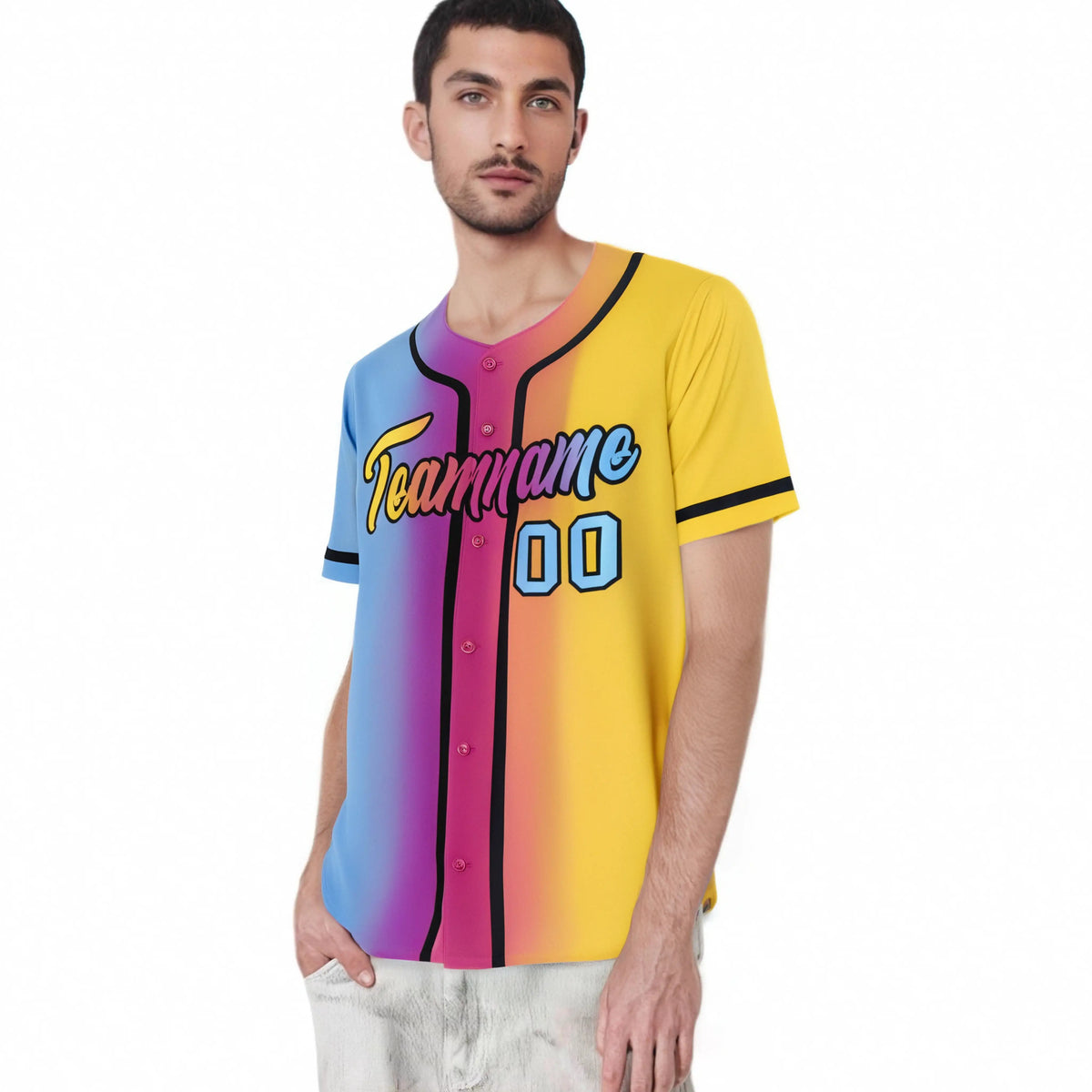 Custom Light Blue Pink-Yellow Gradient Style Authentic Baseball Jersey