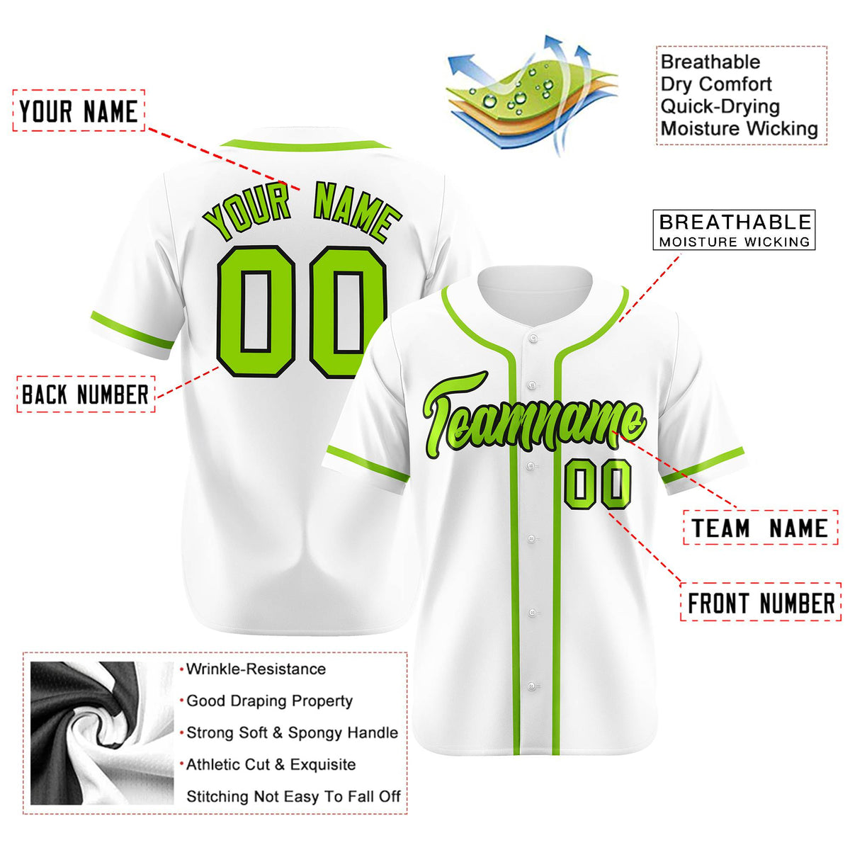 Custom White Neon Green Classic Style Authentic Baseball Jersey