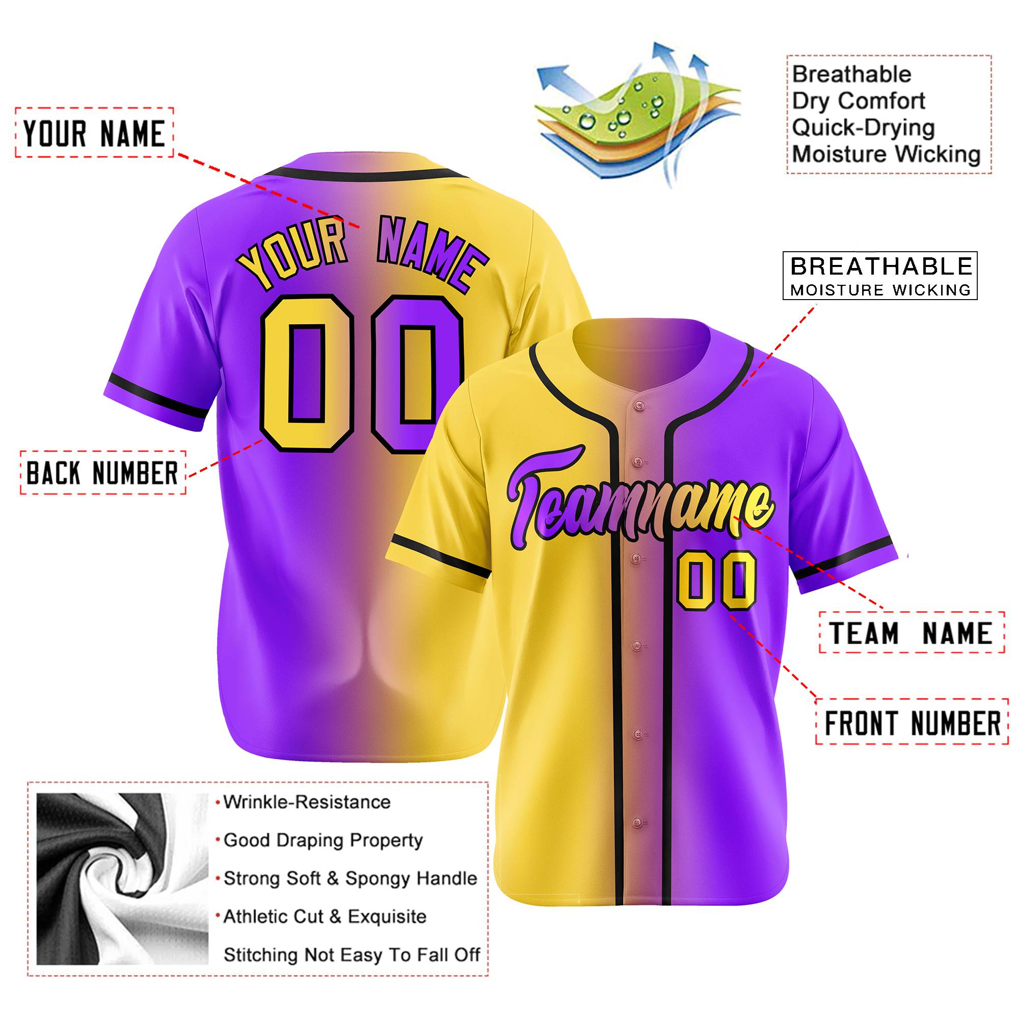 Custom Yellow Purple Gradient Style Authentic Baseball Jersey