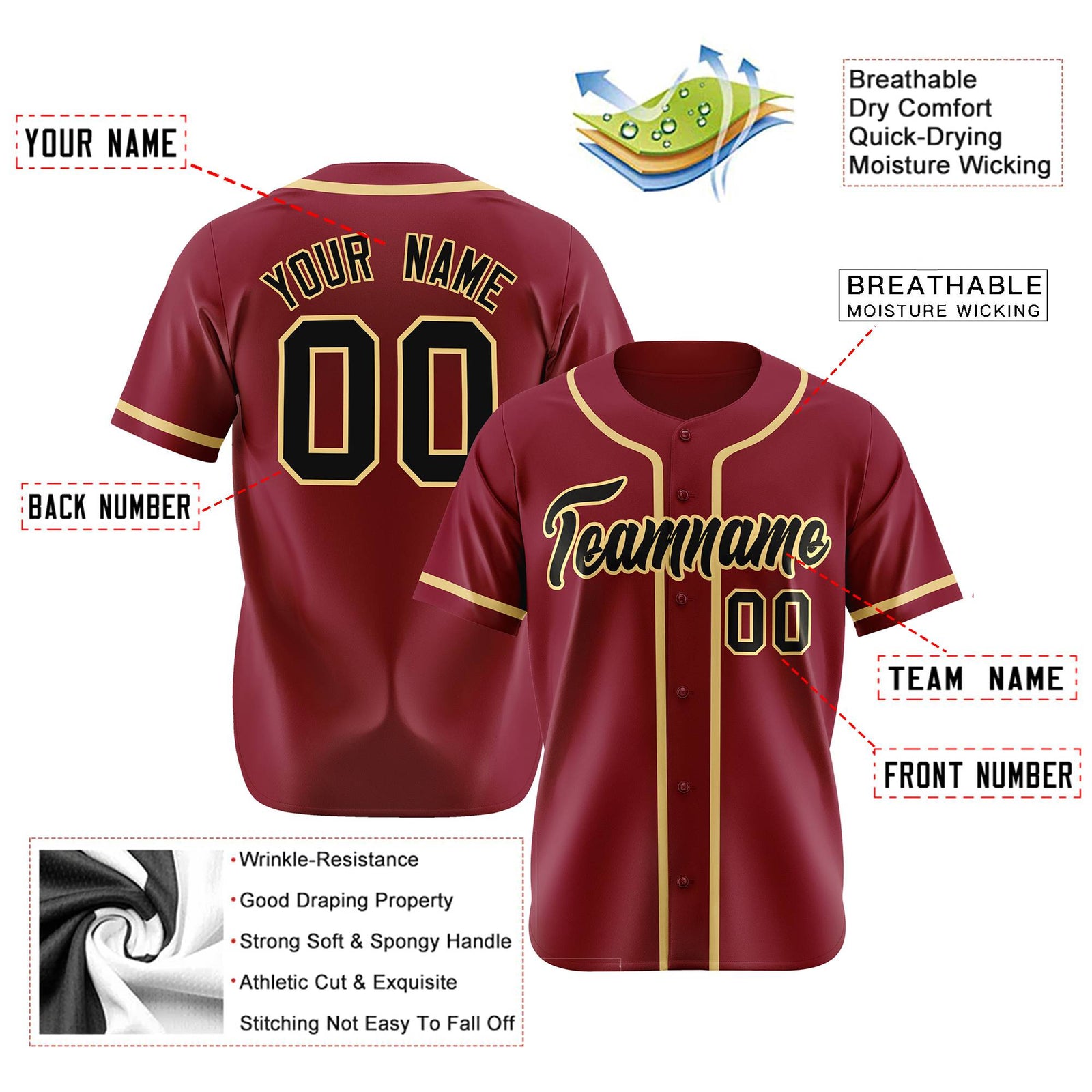 Custom Crimson khaki-Black Classic Style Authentic Baseball Jersey