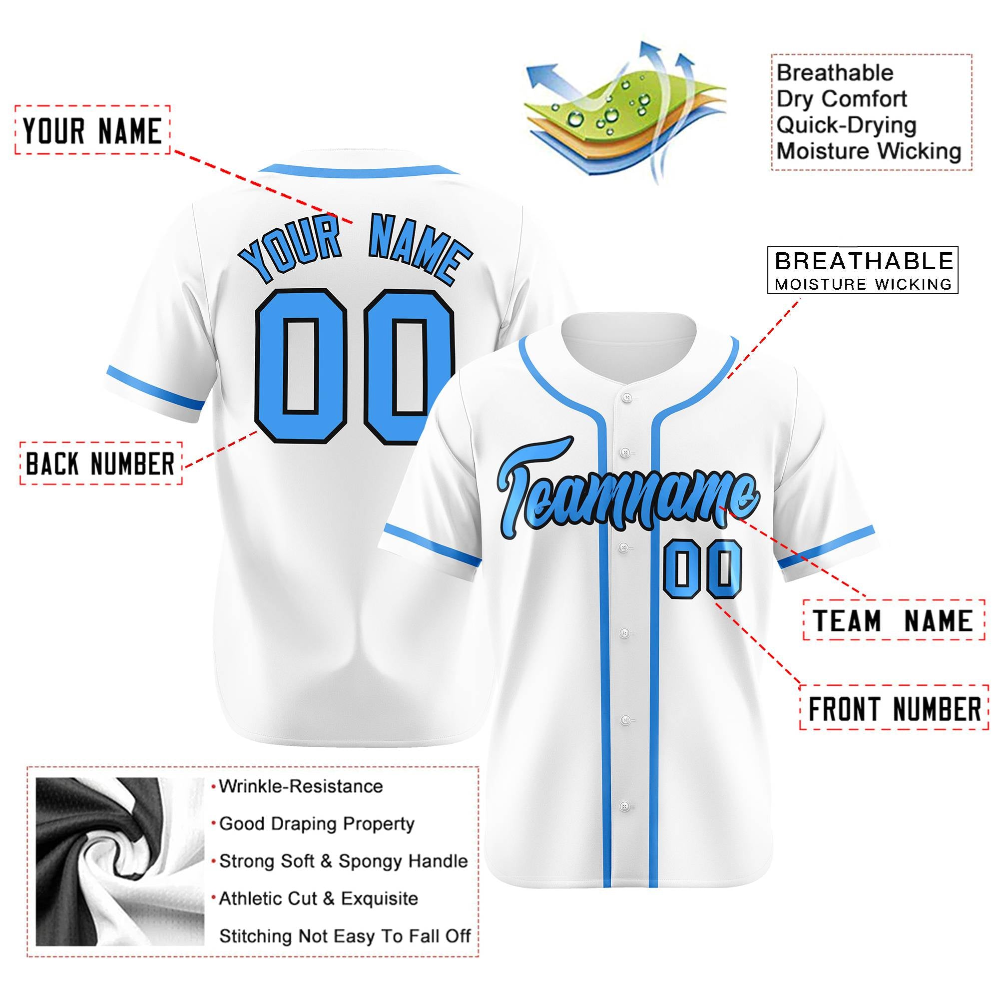 Custom White Powder Blue Classic Style Authentic Baseball Jersey