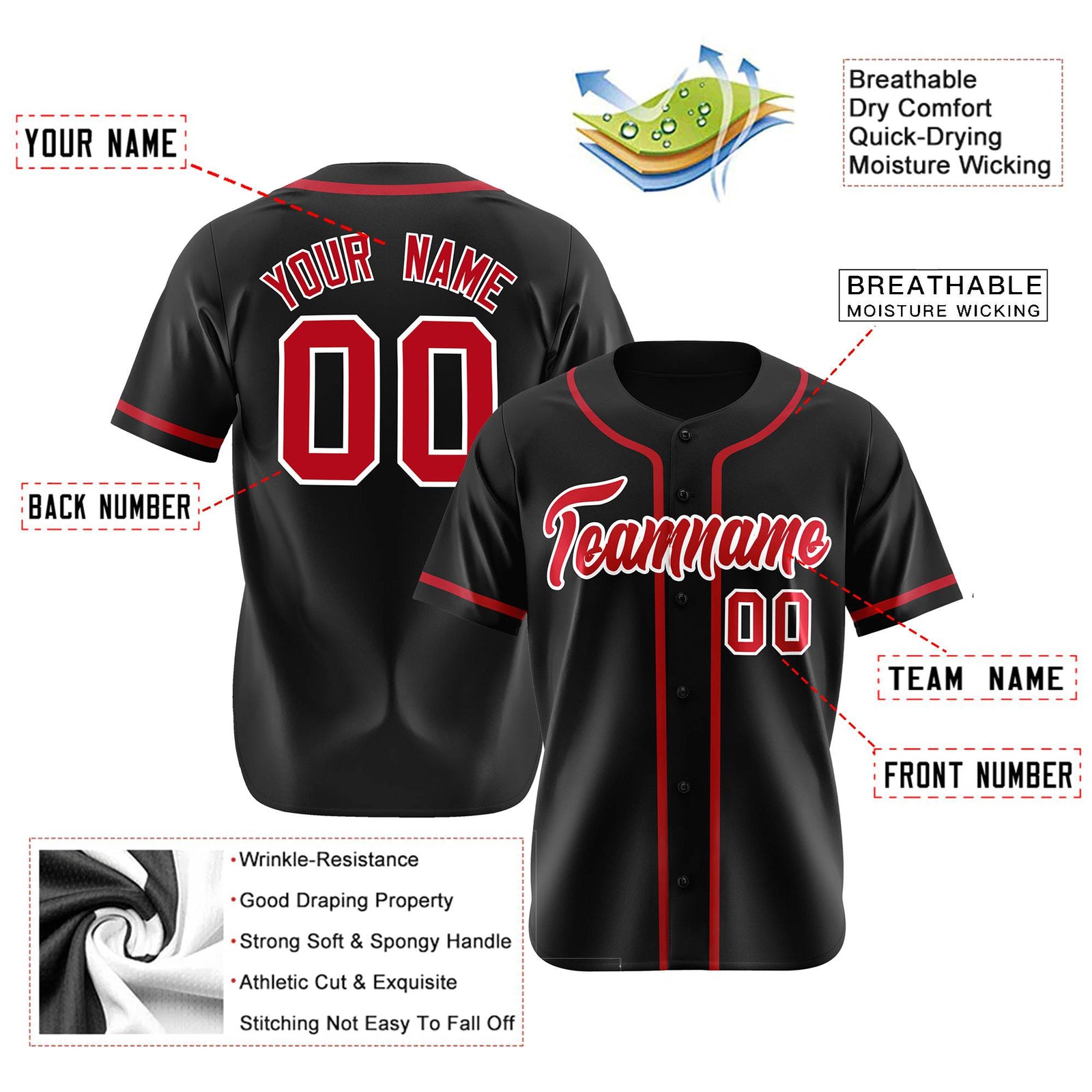 Custom Black Red Classic Style Authentic Baseball Jersey