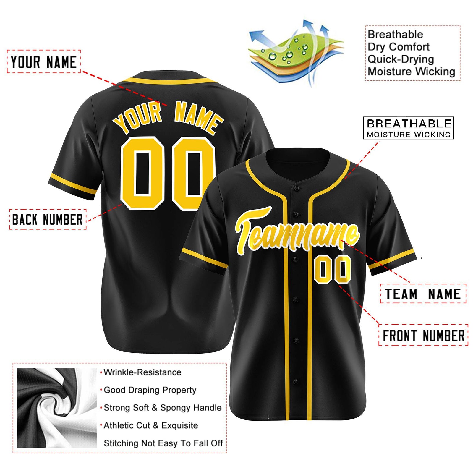 Custom Black Gold Classic Style Authentic Baseball Jersey