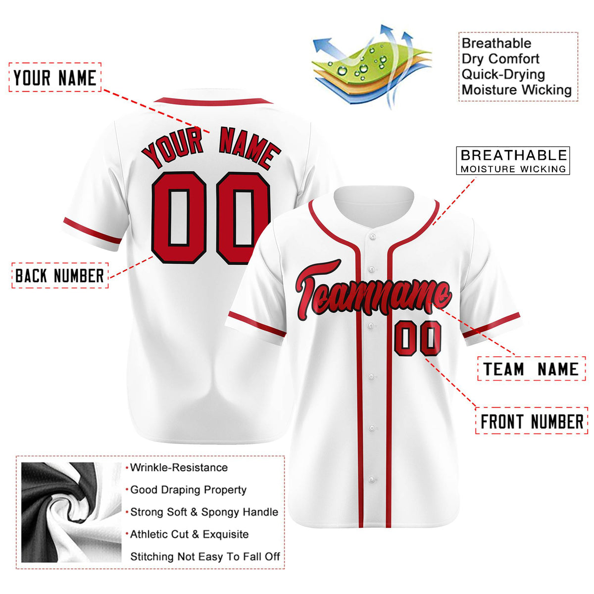 Custom White Red Classic Style Authentic Baseball Jersey