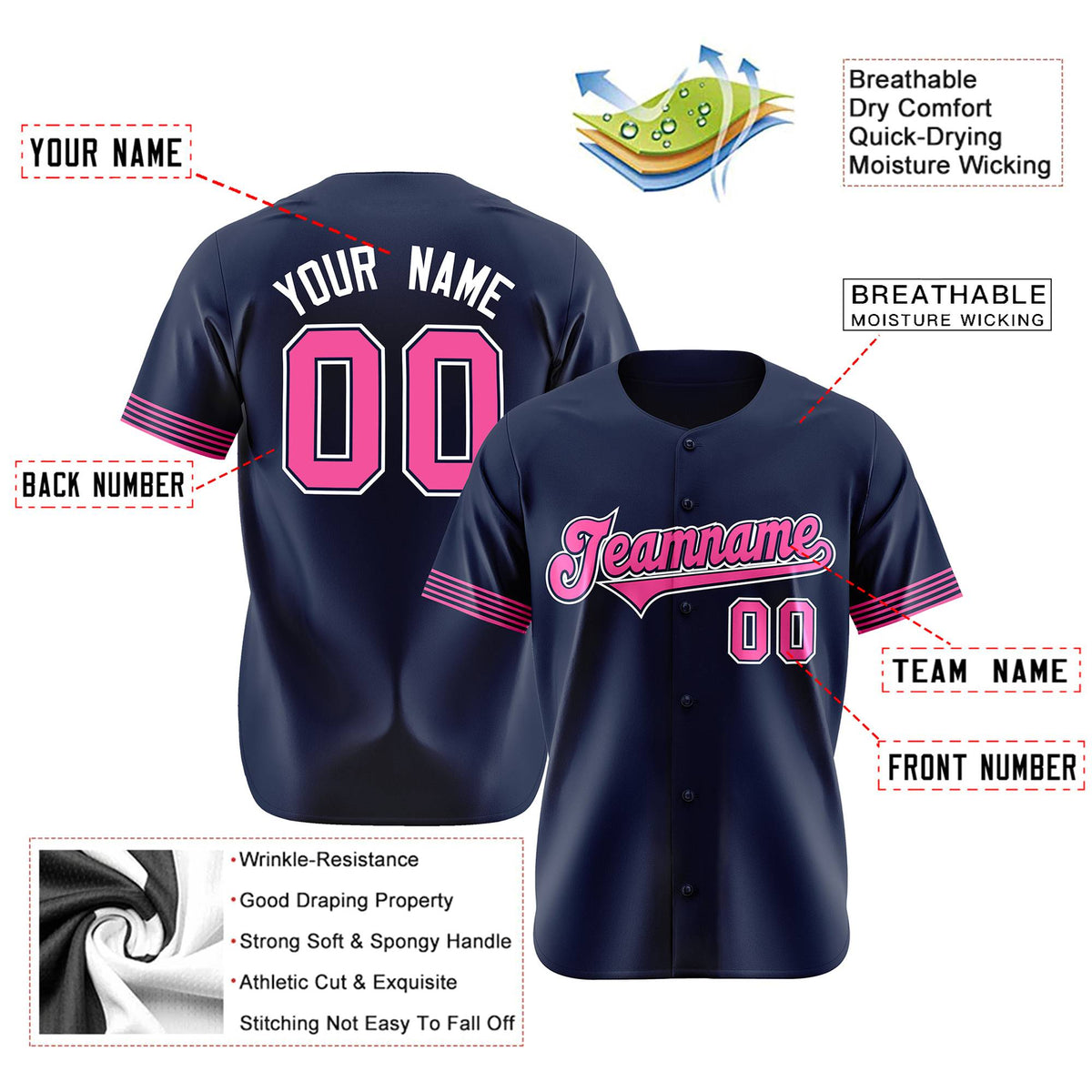 Custom Navy Pink-White Classic Style Authentic Baseball Jersey