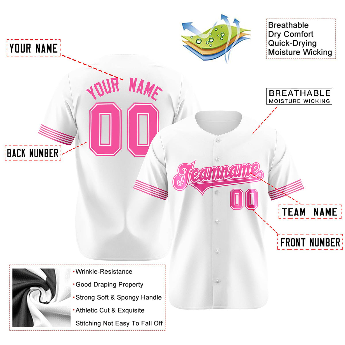 Custom White Pink Classic Style Authentic Baseball Jersey