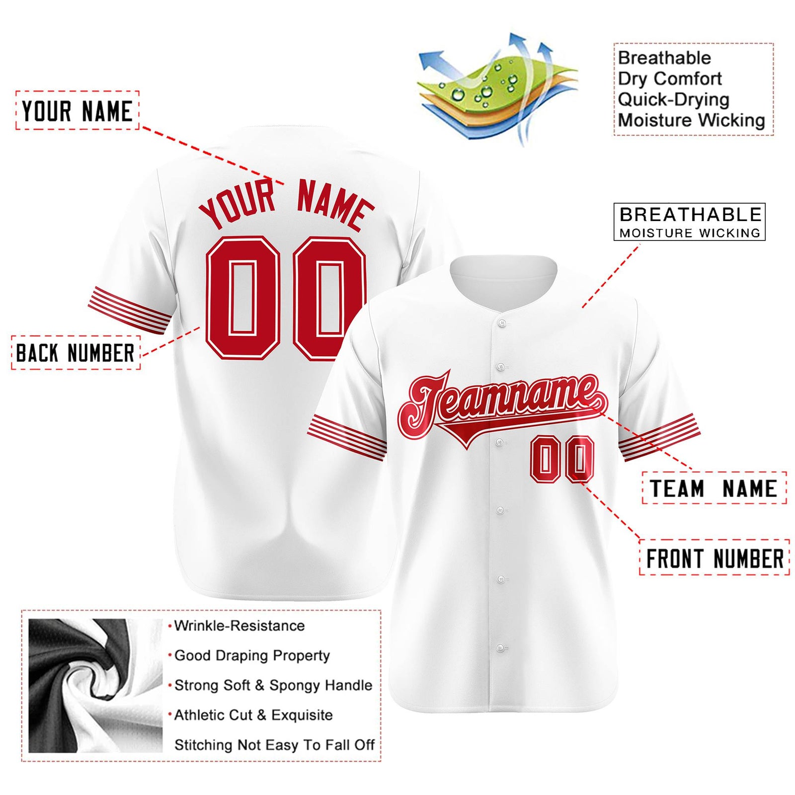 Custom White Red Classic Style Authentic Baseball Jersey