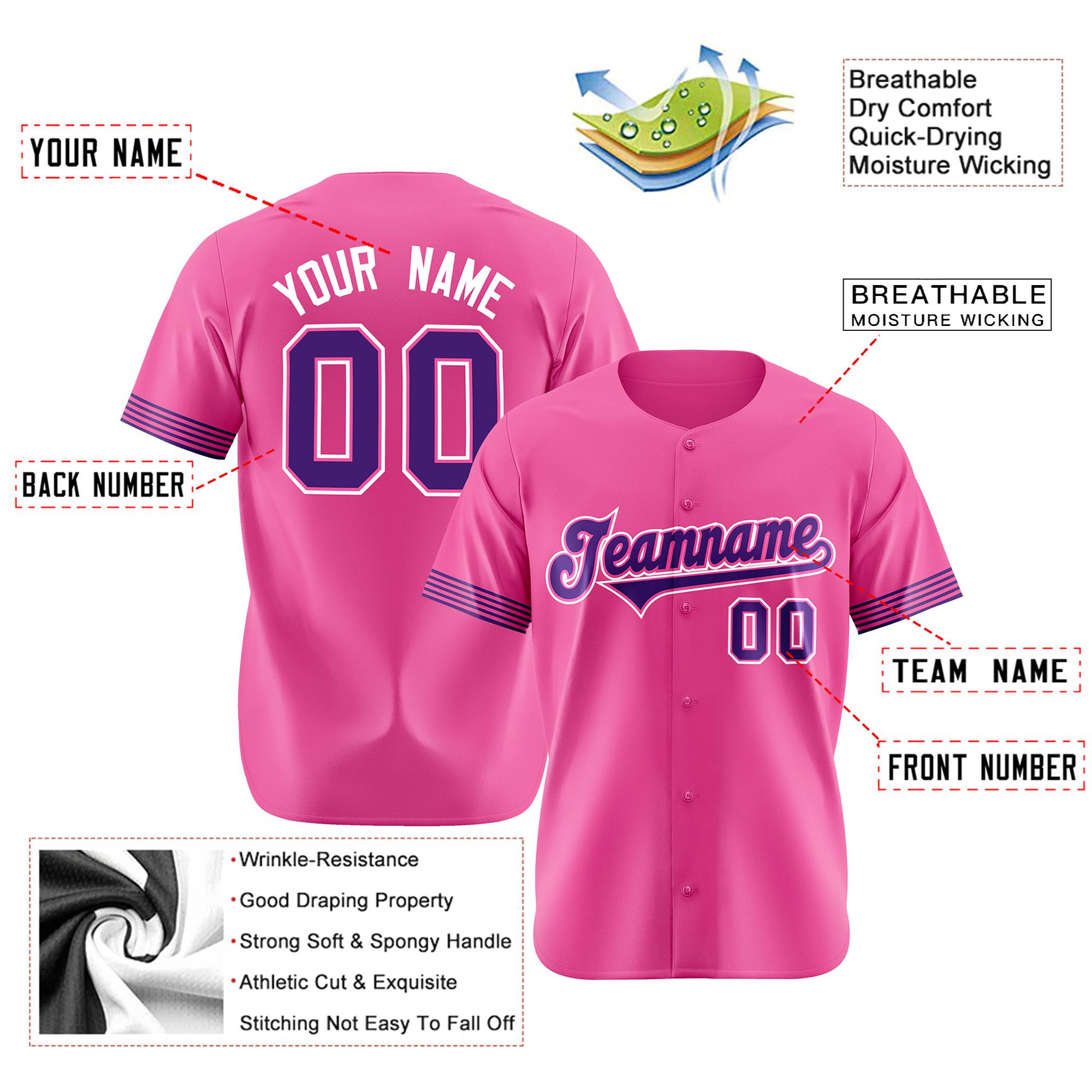 Custom Pink Purple-White Classic Style Authentic Baseball Jersey