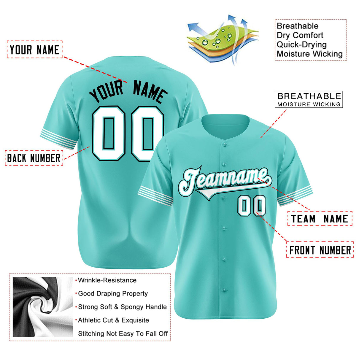 Custom Aqua White-Black Classic Style Authentic Baseball Jersey