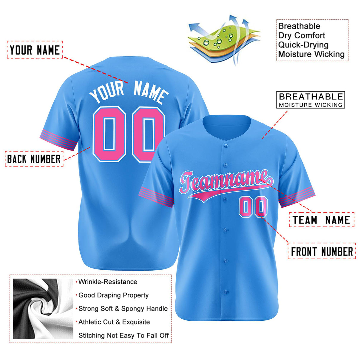 Custom Powder Blue Pink-White Classic Style Authentic Baseball Jersey