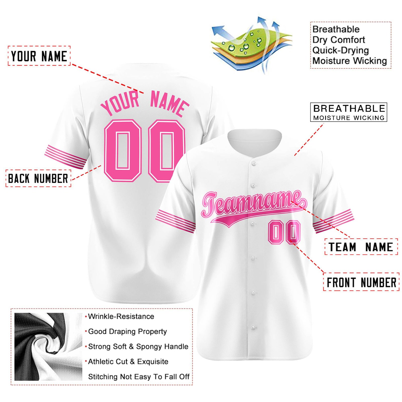 Custom White Pink Classic Style Authentic Baseball Jersey