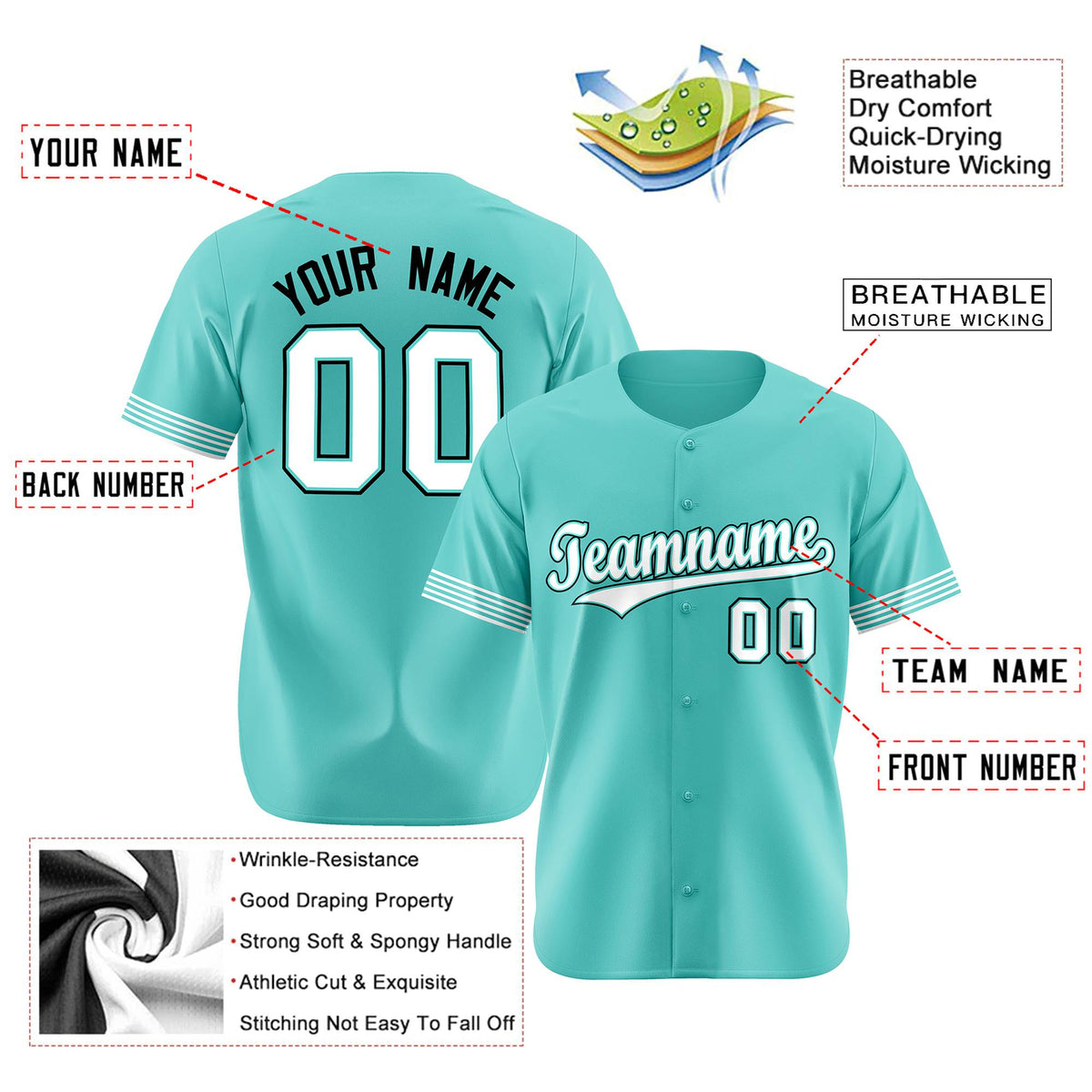 Custom Aqua White-Black Classic Style Authentic Baseball Jersey