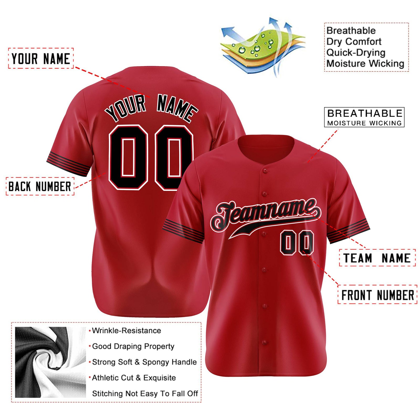 Custom Red Black-White Classic Style Authentic Baseball Jersey