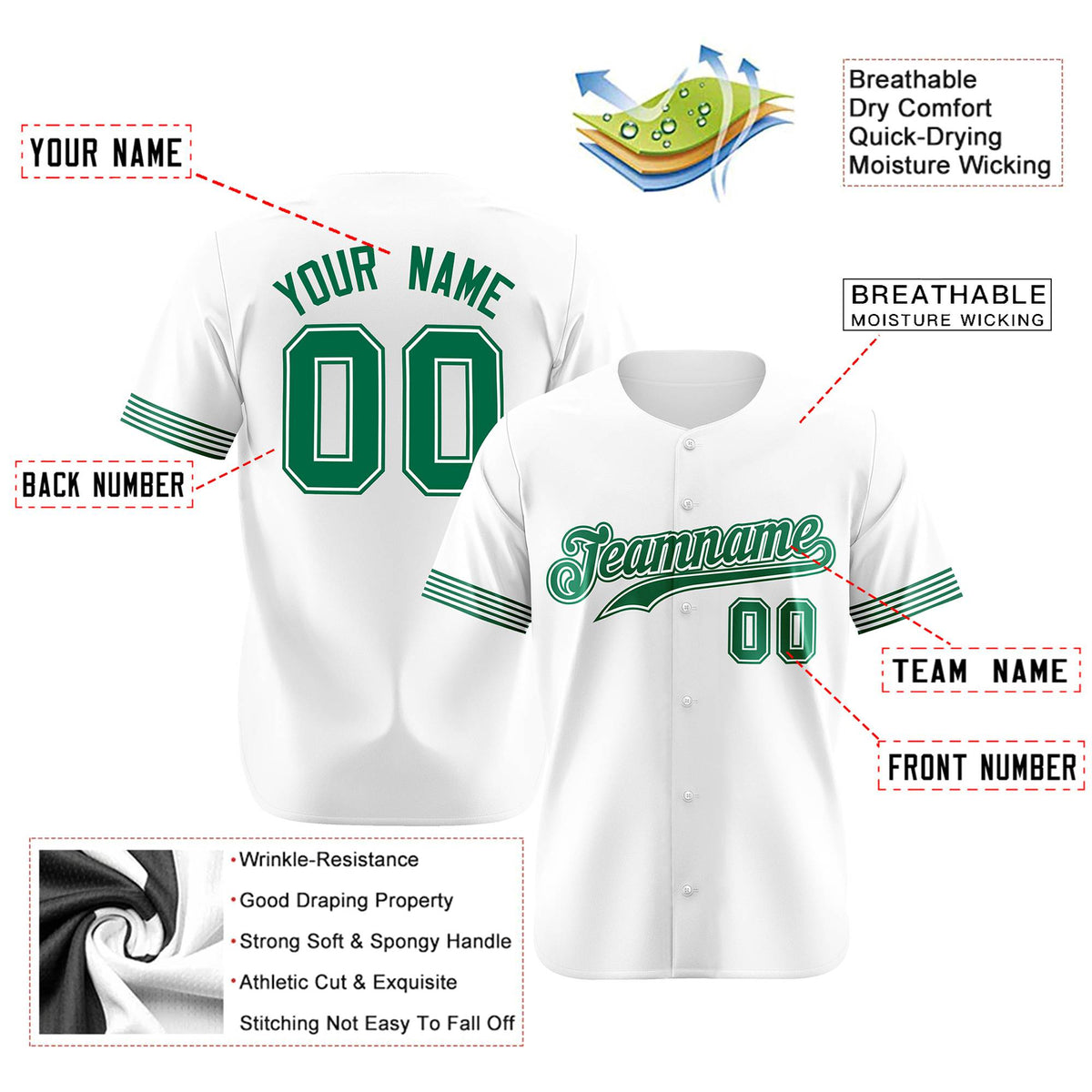 Custom White Kelly Green Classic Style Authentic Baseball Jersey