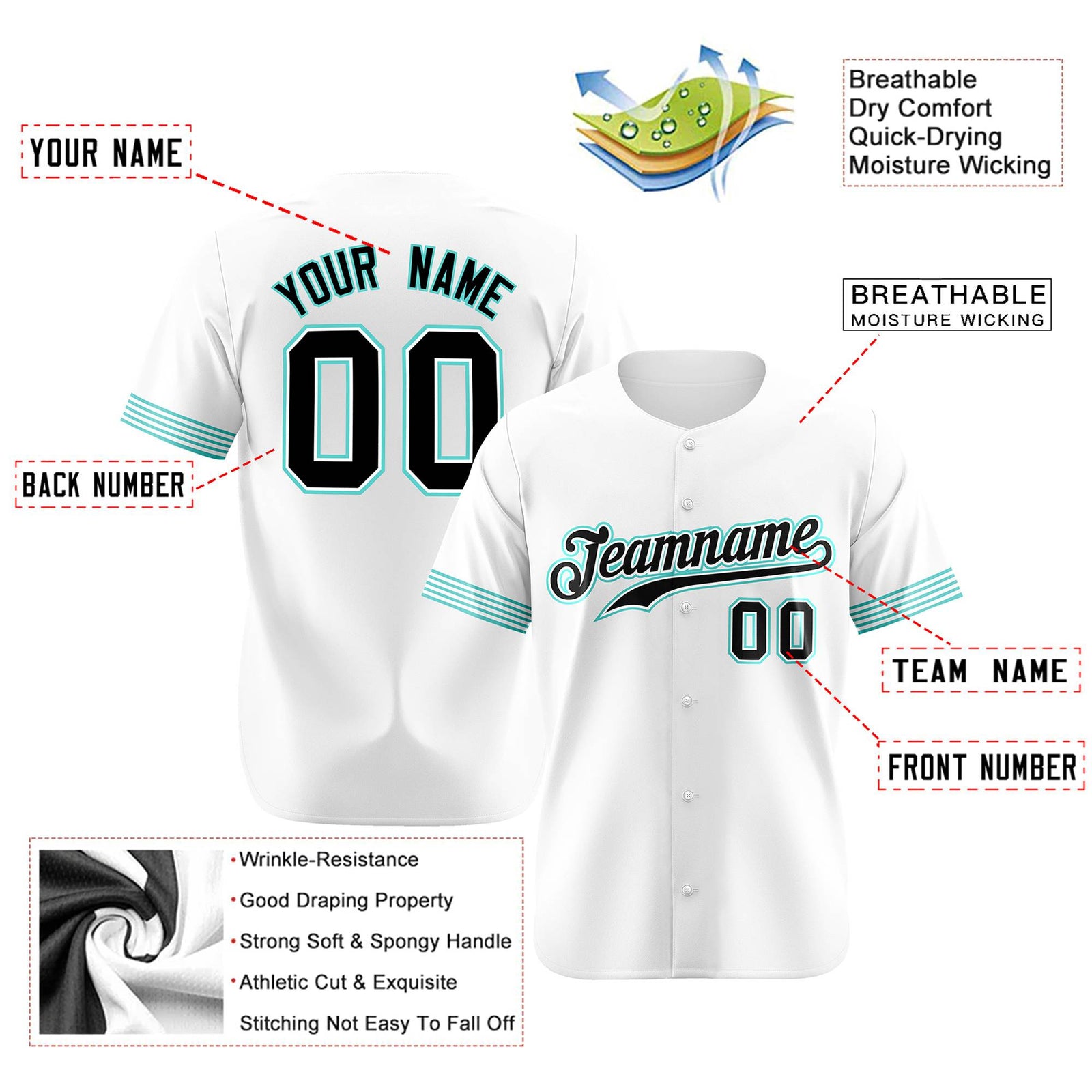 Custom White Black-Aqua Classic Style Authentic Baseball Jersey