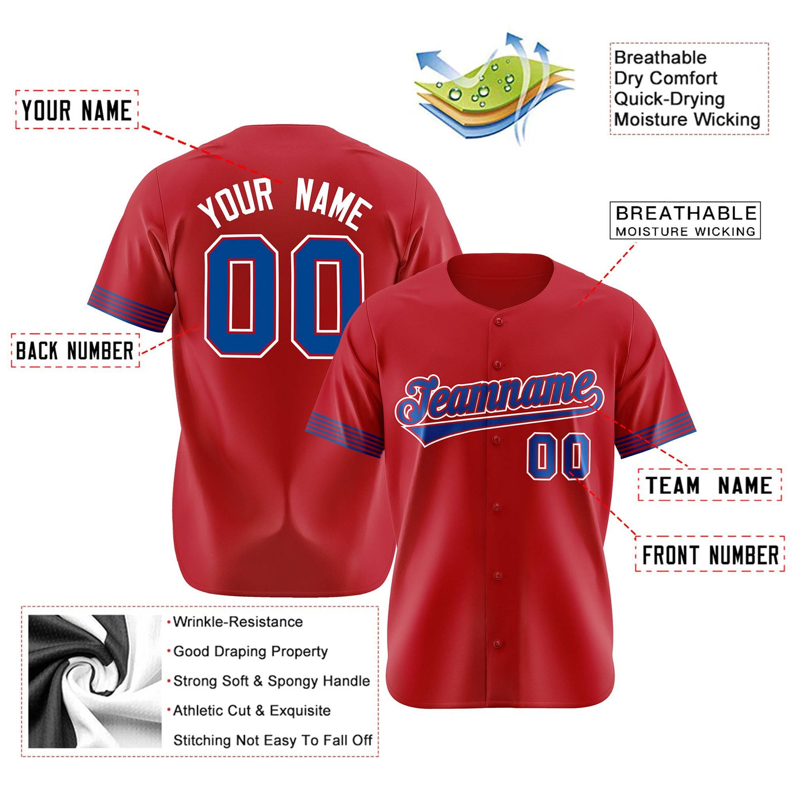 Custom Red Royal Blue-White Classic Style Authentic Baseball Jersey
