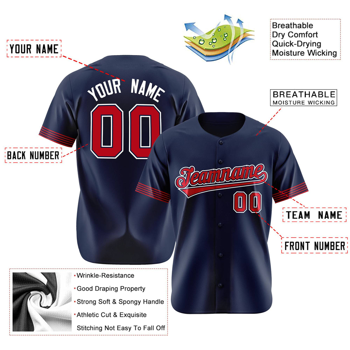 Custom Navy Red-White Classic Style Authentic Baseball Jersey