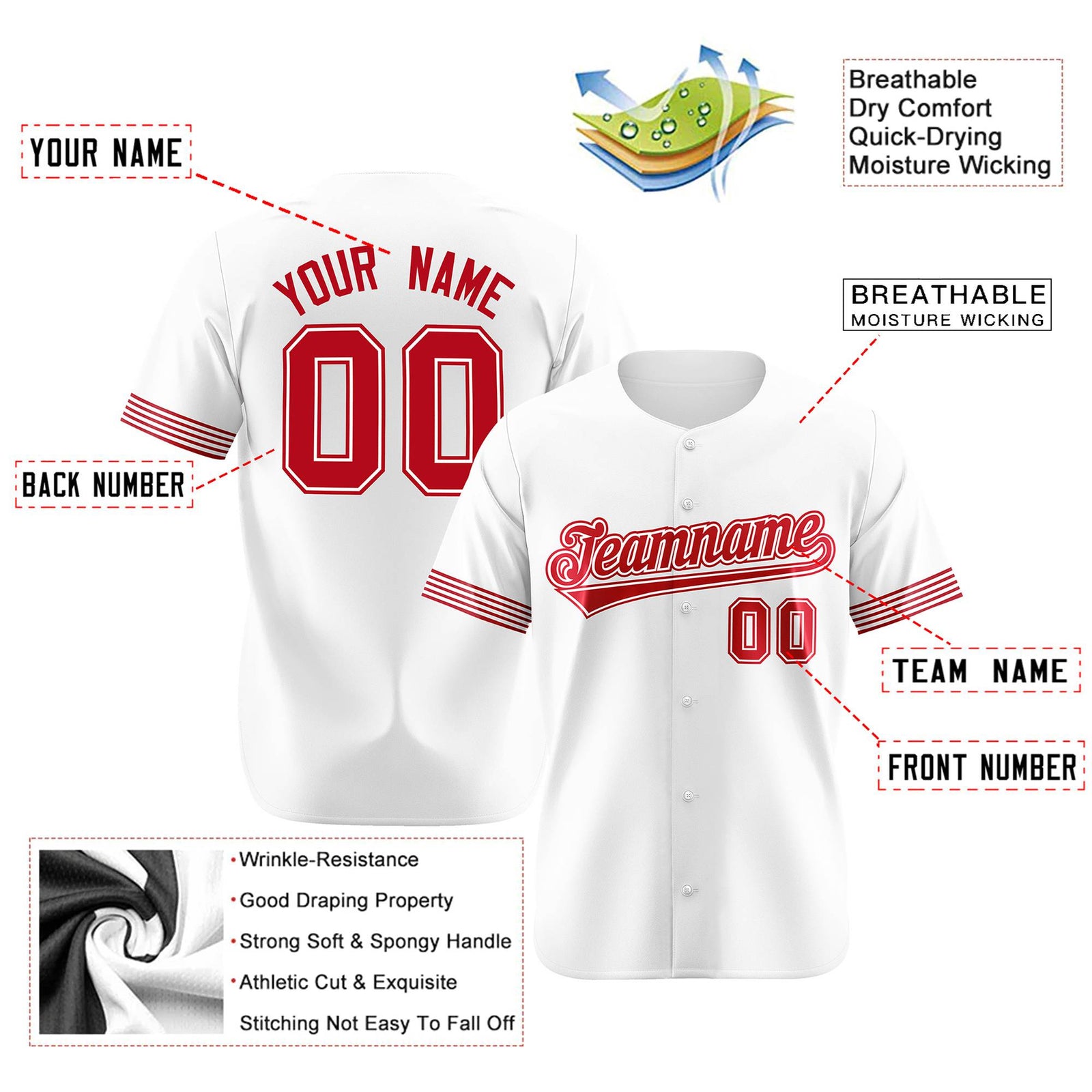 Custom White Red Classic Style Authentic Baseball Jersey